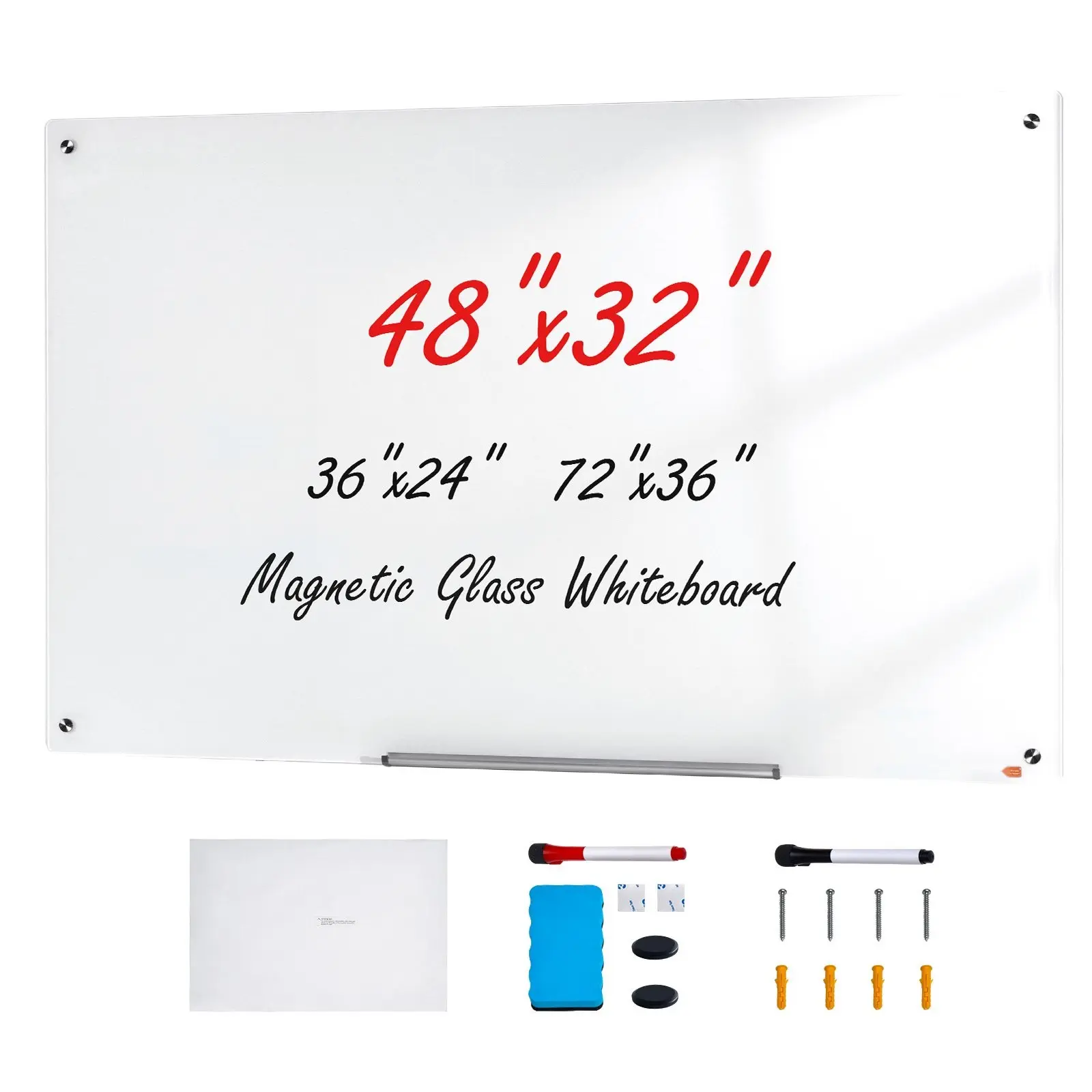 Tempered Glass Magnetic Dry Erase Board, 48x32in Wall-Mounted Frameless Office Tool with Mount Kit, Marker Tray, Eraser & 2 Markers, Ideal for Office & Classroom Use, Office Tools