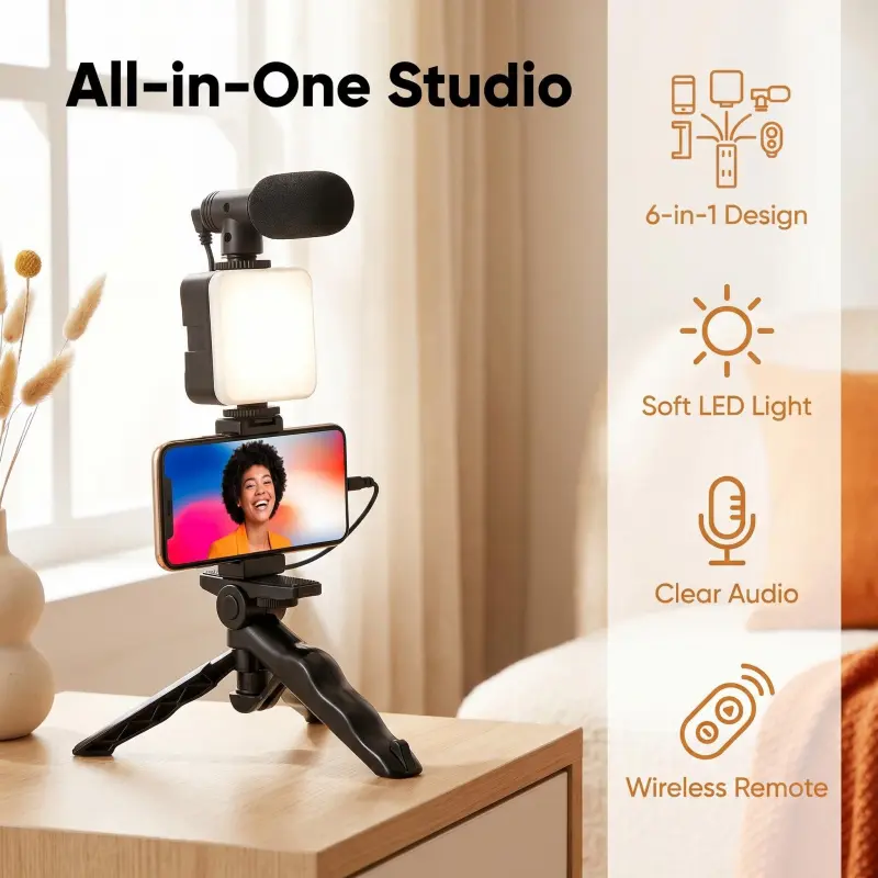 AY-49 6-in-1 Vlogging Kit, Handheld Phone Selfie Tripod, Dimmable LED Fill Light, Noise Reduction Mic & Bluetooth Remote, Universal Phone Mount, Cellphone Selfie Accessory, for iPhone Android Live Streaming TikTok YouTube Beginner Kit