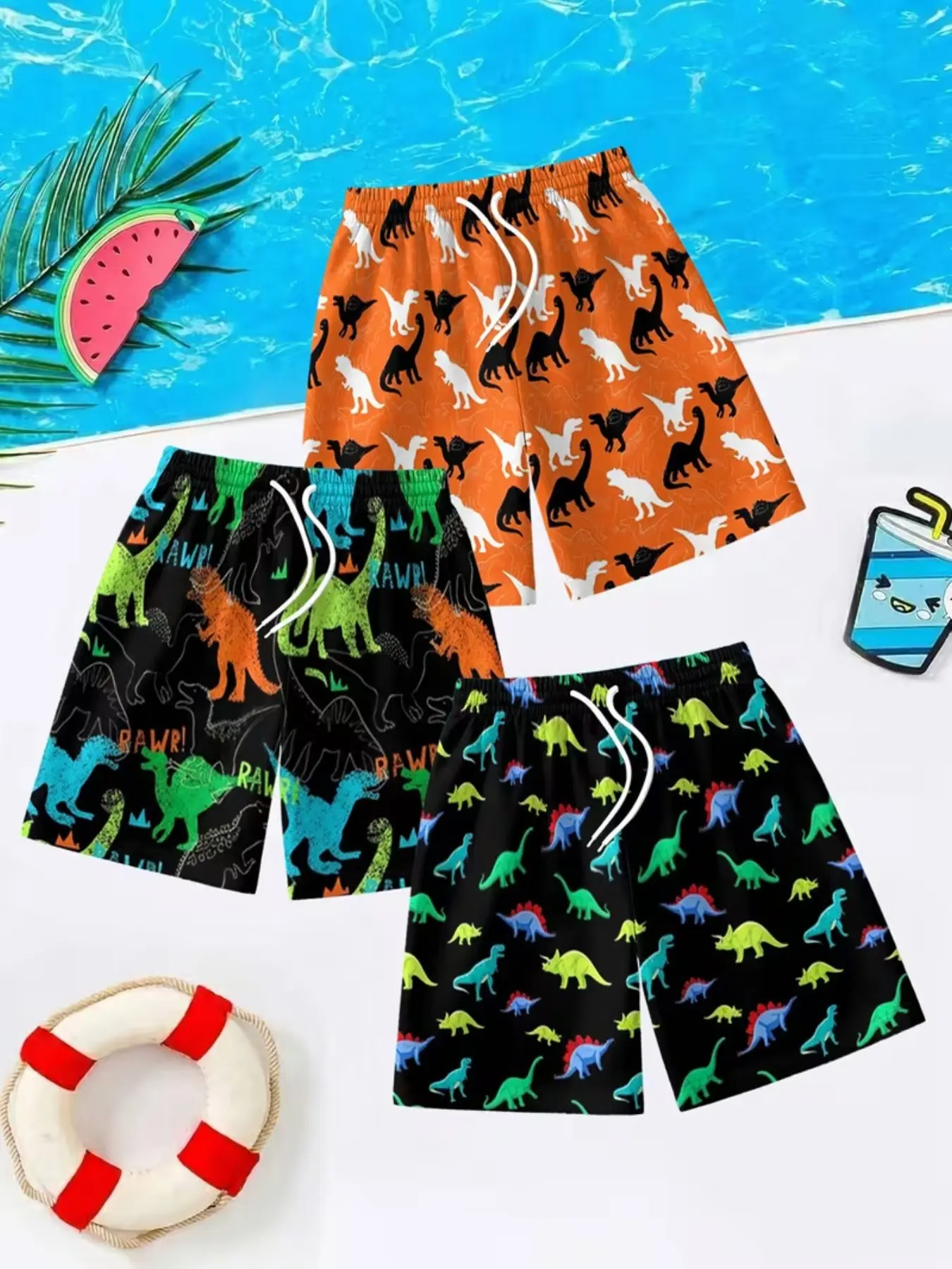 3-Pack Men's Shorts, Casual Beach Pants, 3D Dinosaur Print, Breathable Fabric, Ideal for Summer Outdoor Activities