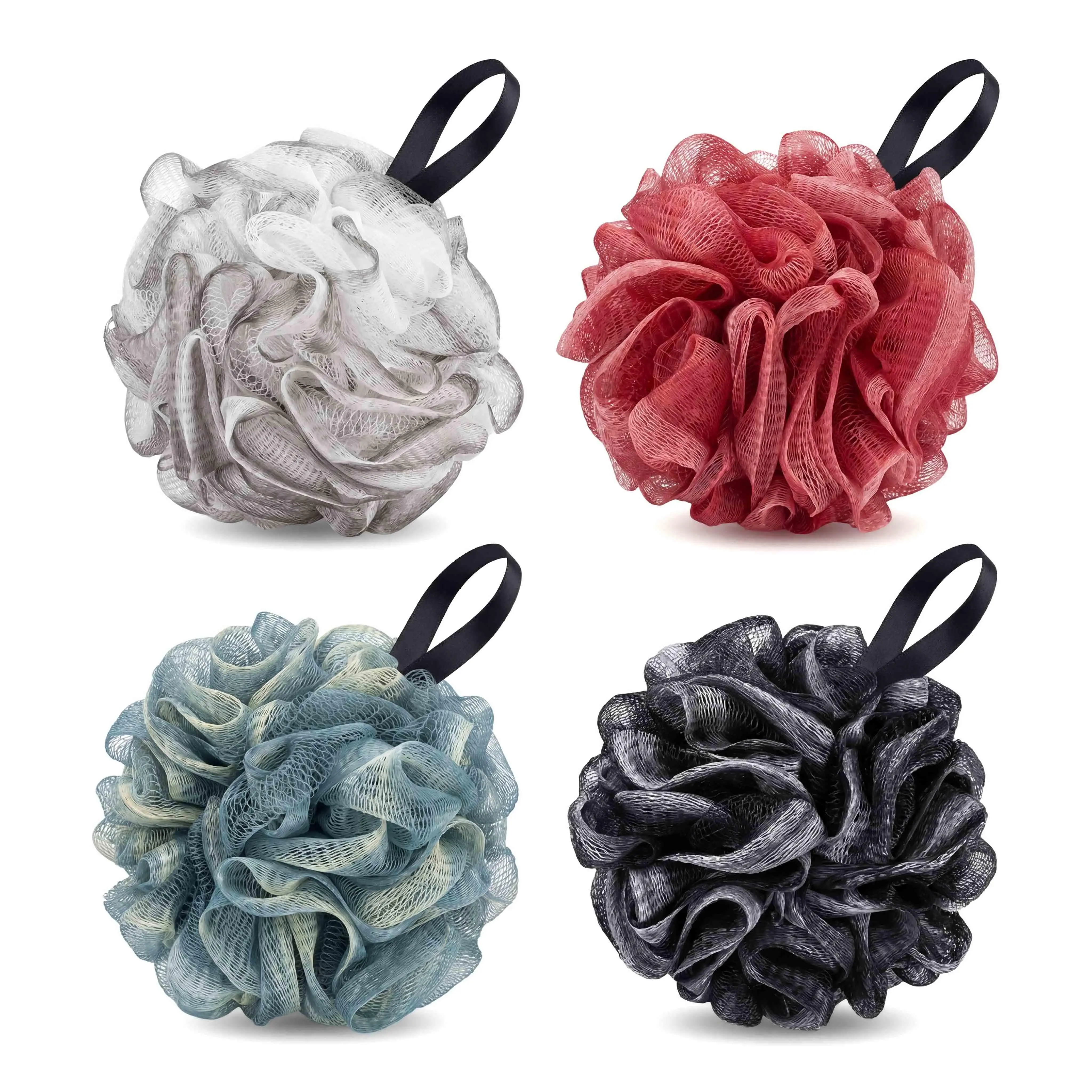 Soft Loofah Shower Sponge 4 Pack, Exfoliating Mesh Body Scrubber with Rich Foam Lather, Gentle Back Scrubber for Women & Men, Durable Bath Puff for Deep Cleaning, Spa Care, Daily Shower Routine & Bathroom Essentials
