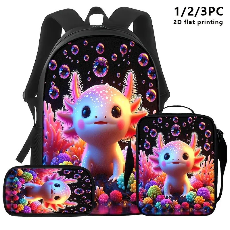 1/2/3pcs Backpack, Shoulder Bag, And Storage Bag Set | Glowing Axolotl Cartoon Print With Bubble Coral Backdrop, 2D Flat Printing, Ideal For Commuters, Outdoors, And Shopping | Oxford Fabric, Zipper Closure, Adjustable Strap