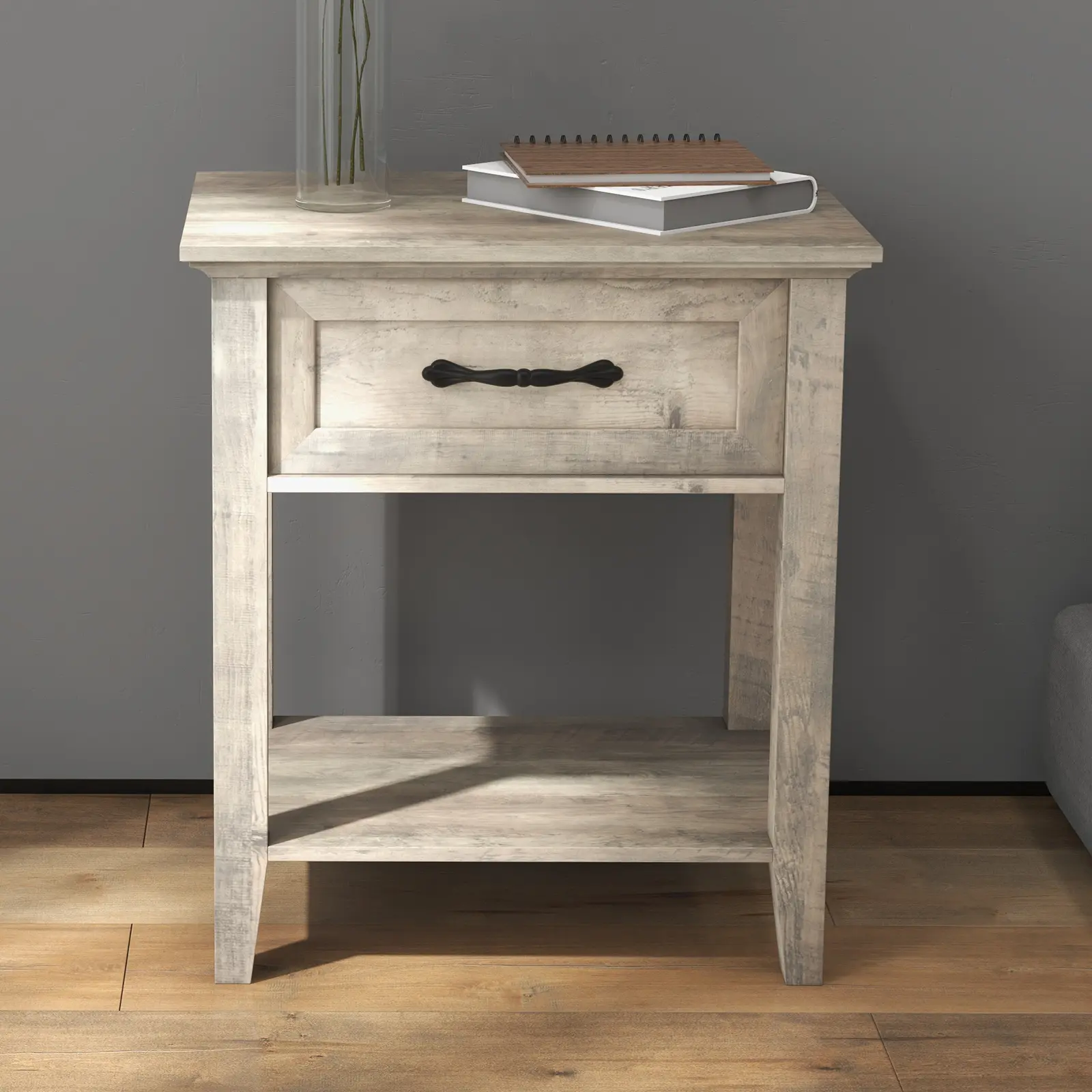 Nightstand with Drawer and Open Storage Shelves, Modern Bedside End Table, MDF Side Table for Bedroom, Living Room and Dorm, White