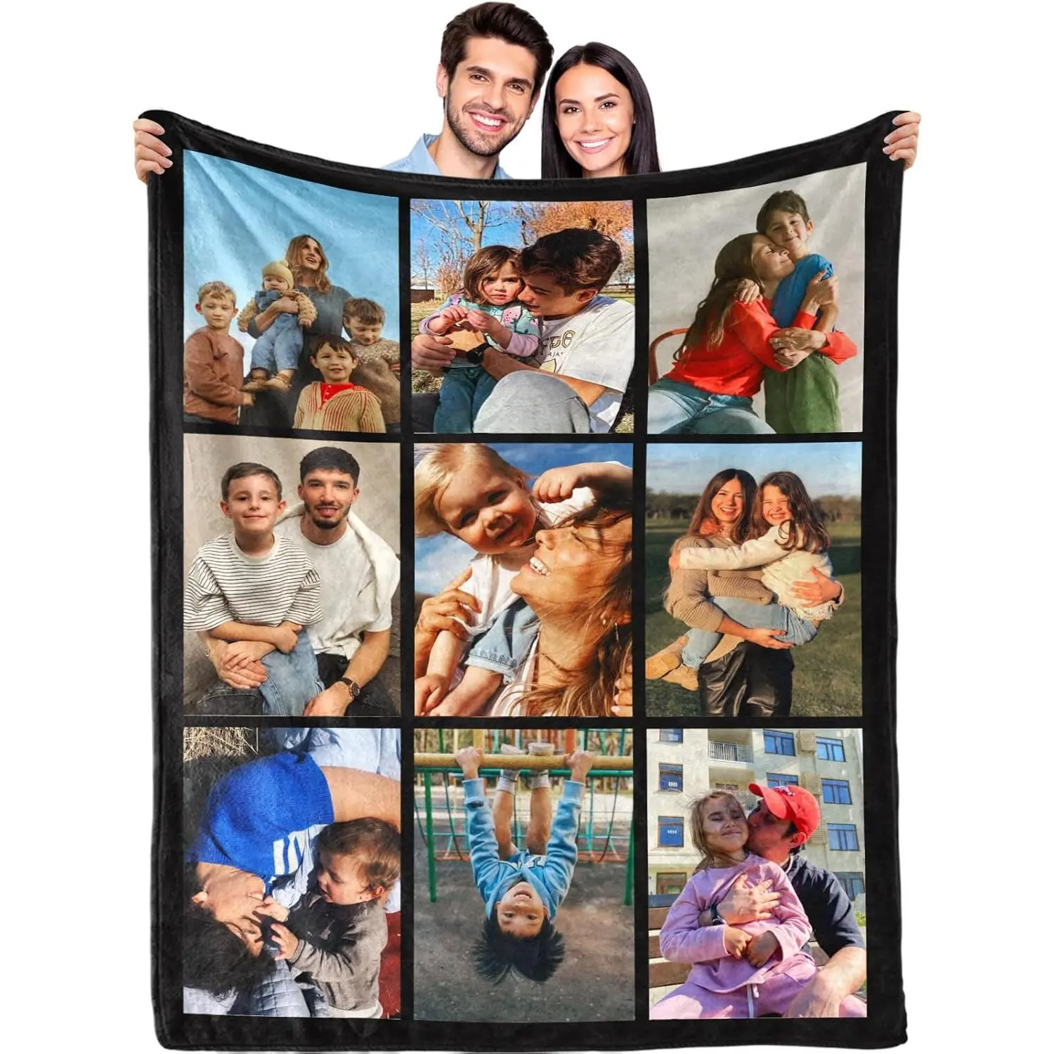    Custom 9 Photo Family Throw Blanket, Black Frame Collage Flannel Blanket, Soft Cozy Warm Cover, No Text Pure Memory Design, Gift for Parents Grandparents, Sentimental Keepsake Couch Bedroom Decor ﻿