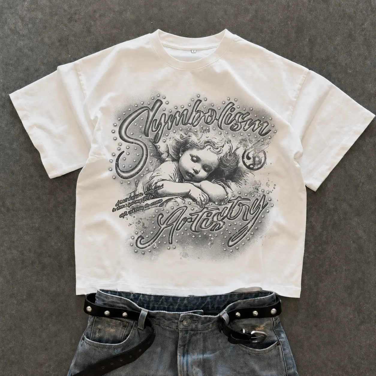 Mens Clothes,Graphic T,Vintage Polo Graphic Tees,Graphic T Shirt,Street Life Spring Casual Graphic White Men'S Letter & Cross Print Crew Ne Vintage Y2K Style Art Punk Directional Printing Cotton T-Shirt