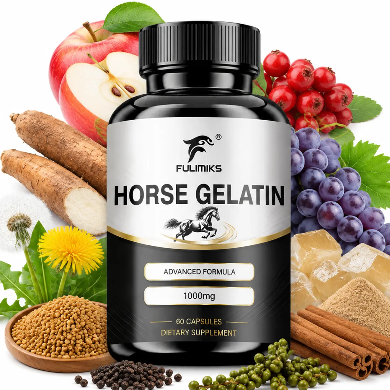 FULIMIKS Hydrolyzed Horse Gelatin 1000mg Per Serving 60 Capsules - Men's Gelatin Core Complex with L-Lysine HCI, Cider Vinegar Powder, Plant-Based Botanical Blend, Amino Acid Nutrition, Daily Wellness Formula for Immunity Boost