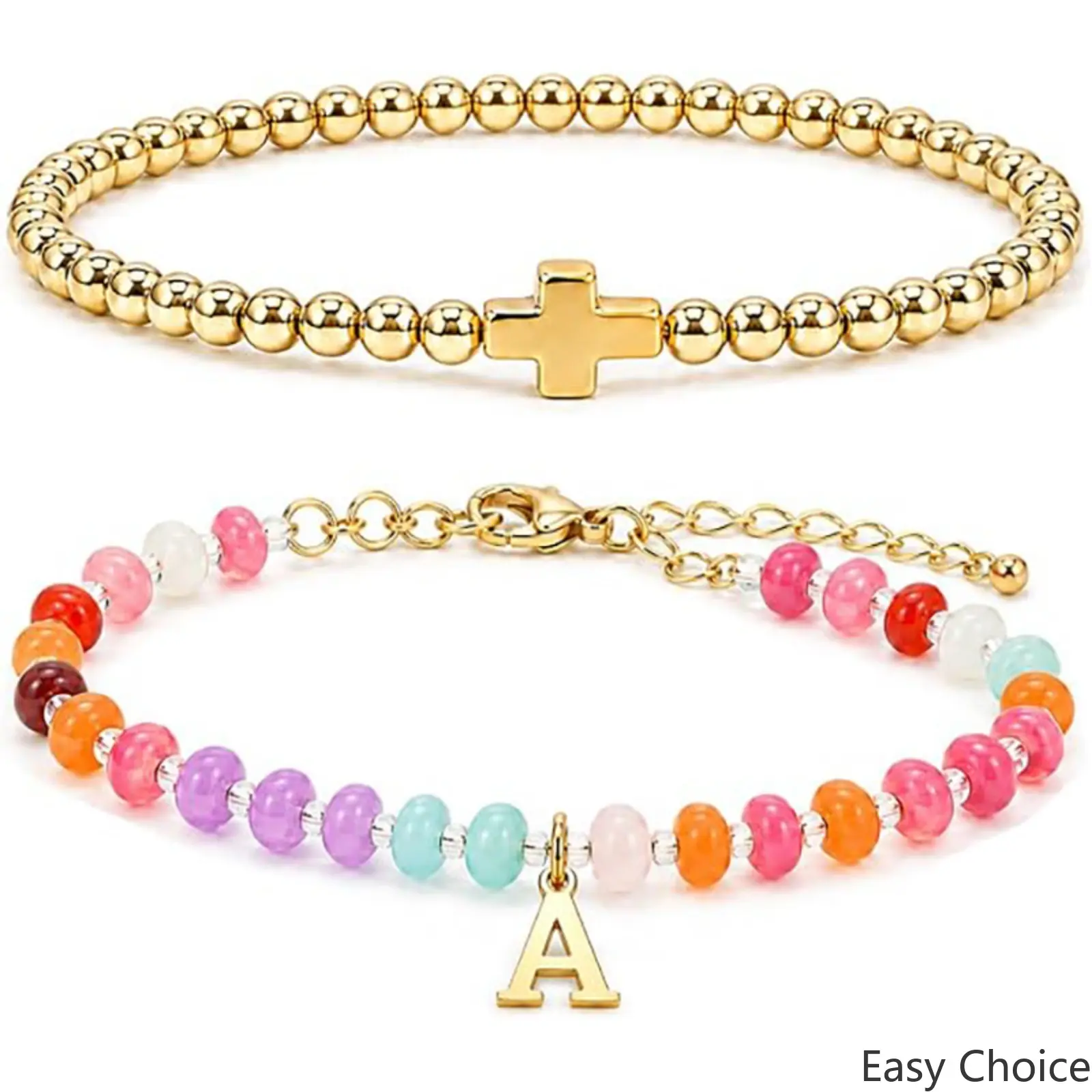 Women Trendy Dopamine‑Style Stackable Bracelet, Natural Stone Beaded Cross Pendant Letter Charm Wrist Chain, Versatile Fashion Layered Jewelry for Daily Casual Outfit Matching