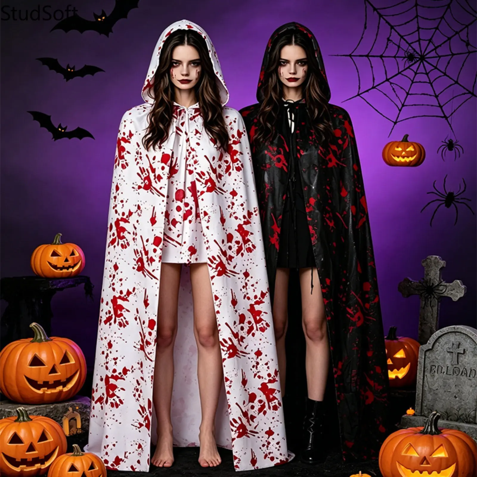 Halloween Hooded Cloak Bloody Handprint Cape Spooky Vampire Costume Novelty Long Robe for Halloween Party Carnival Unisex Adult Cosplay Dress