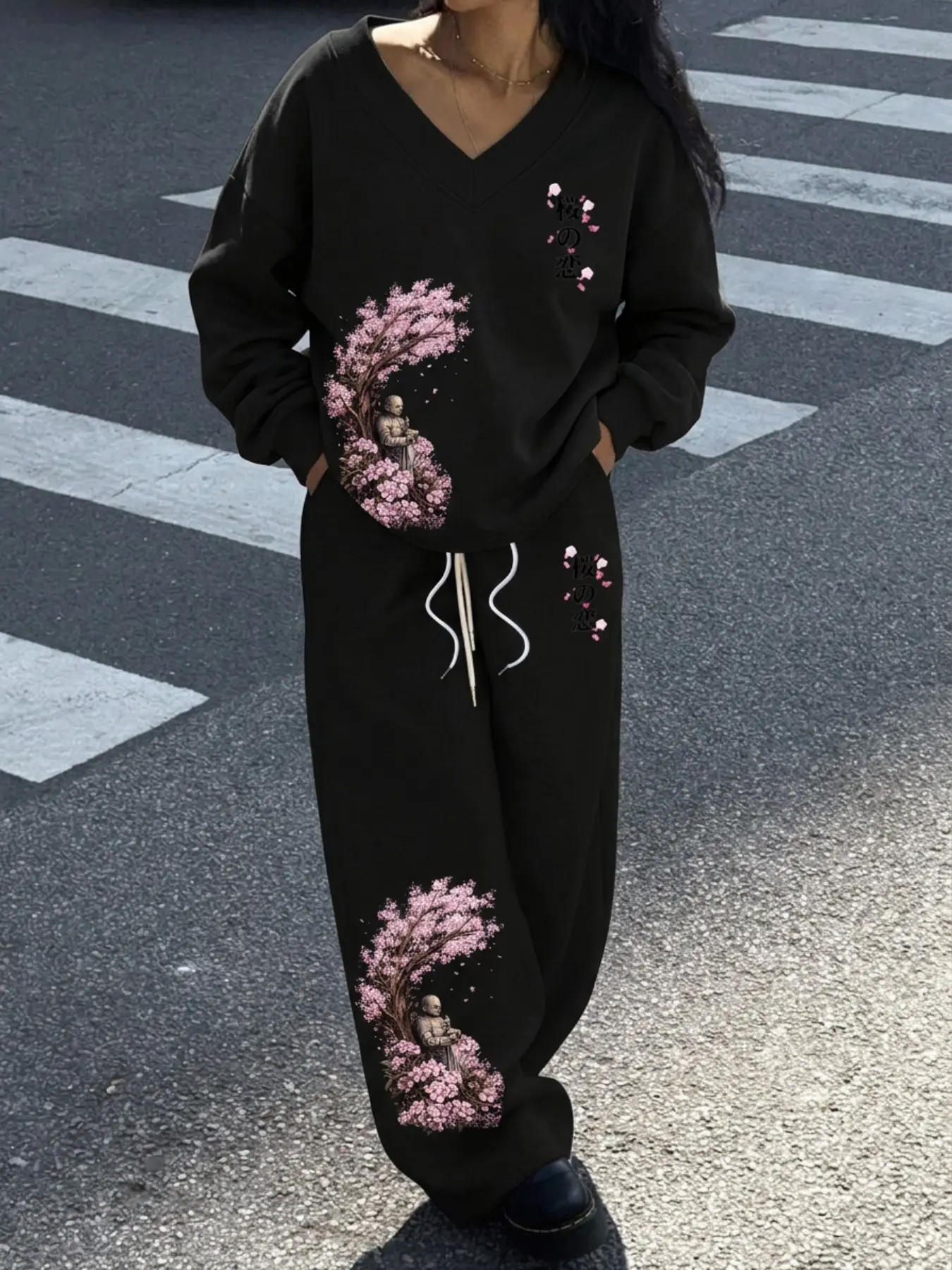 Women's Traditional Cherry Blossom Casual Two-Piece Set, Sakura Monk Illustration Japanese Print, V-Neck Drop Shoulder Sweatshirt & Drawstring Wide Leg Pants