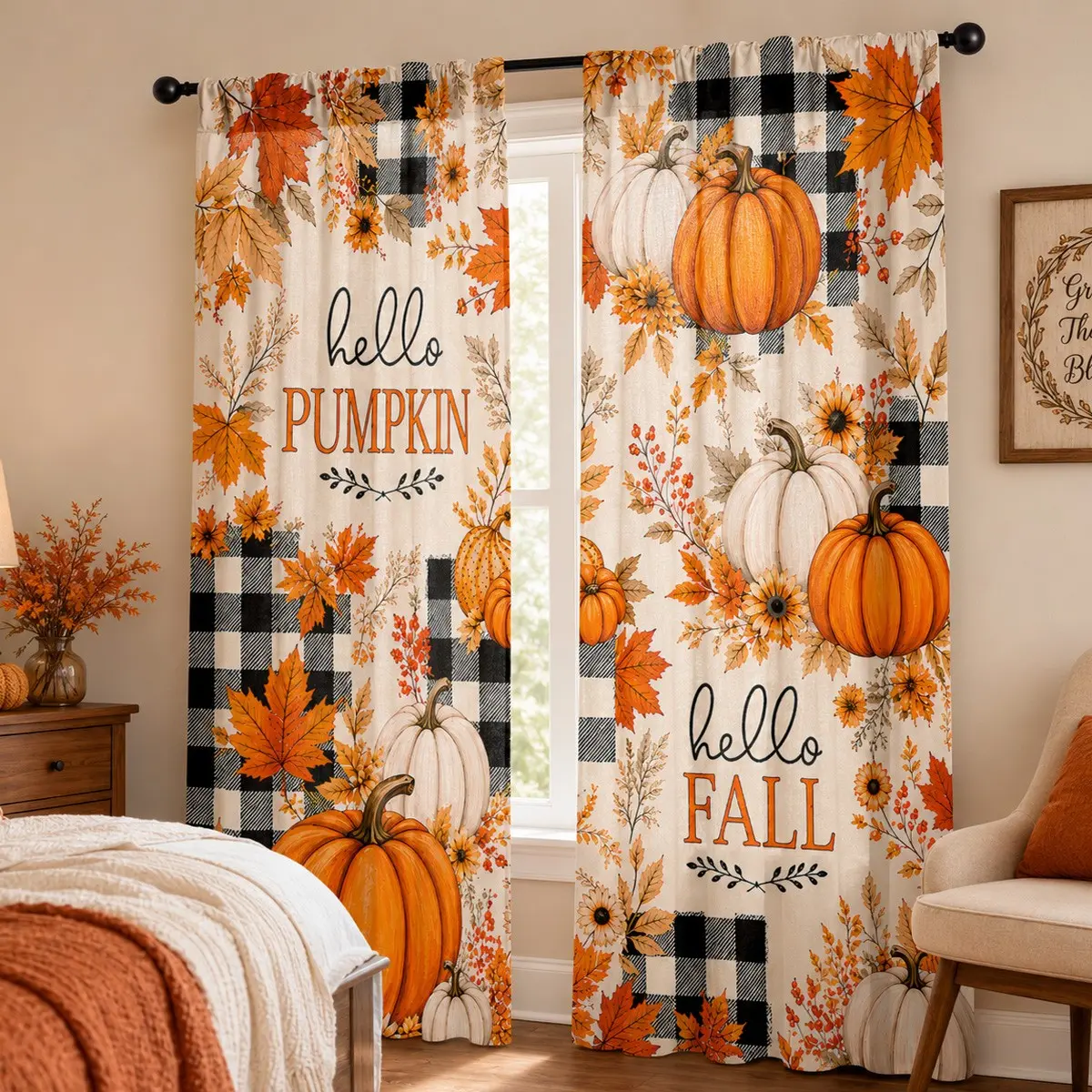 2-piece autumn harvest sunflower and maple leaf print curtains, retro plaid pumpkin pattern, cozy living room and bedroom fabric semi-blackout curtains, pocket rod installation, polyester material, suitable for living room, kitchen, bedroom, study, etc.