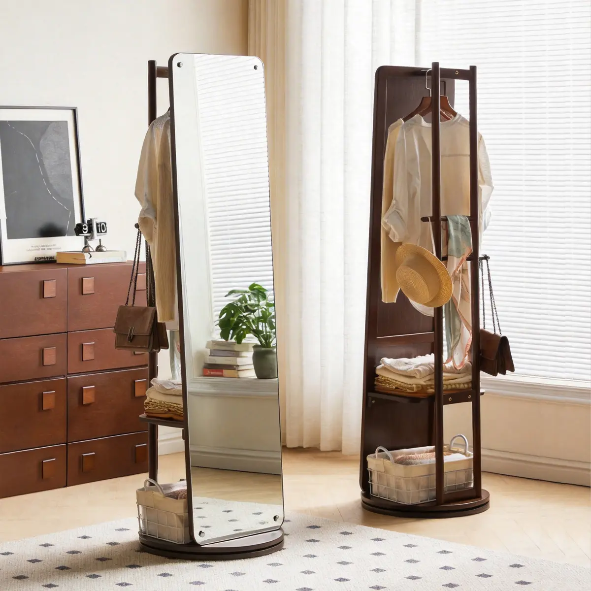 [Fahuac] 360° Rotating Smooth Full Body Mirror - Adjustable Freestanding Woody Wooden Dressing Stand with Hanging Wardrobe Rack, Storage Shelves for Home Decor