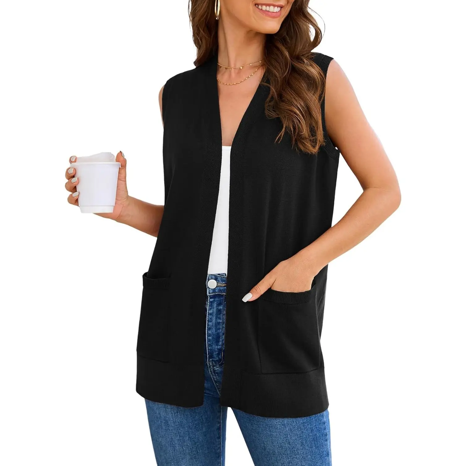 Women Vests Fashion Casual Sleeveless Cardigan Sweaters Soft Knit Dressy Ladies Sweater Vest with Cozy Large Pockets