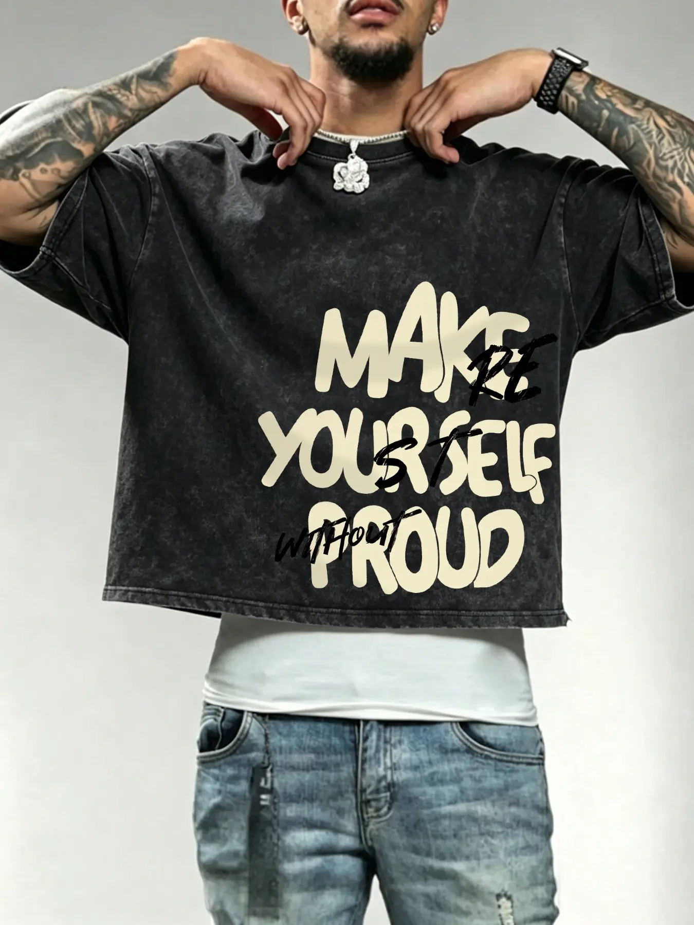 Men's washed, distressed cotton T-shirt featuring a boxy, cropped fit and heavyweight cotton fabric; designed with a minimalist slogan graphic—perfect for casual daily wear, commuting, or street-style looks.