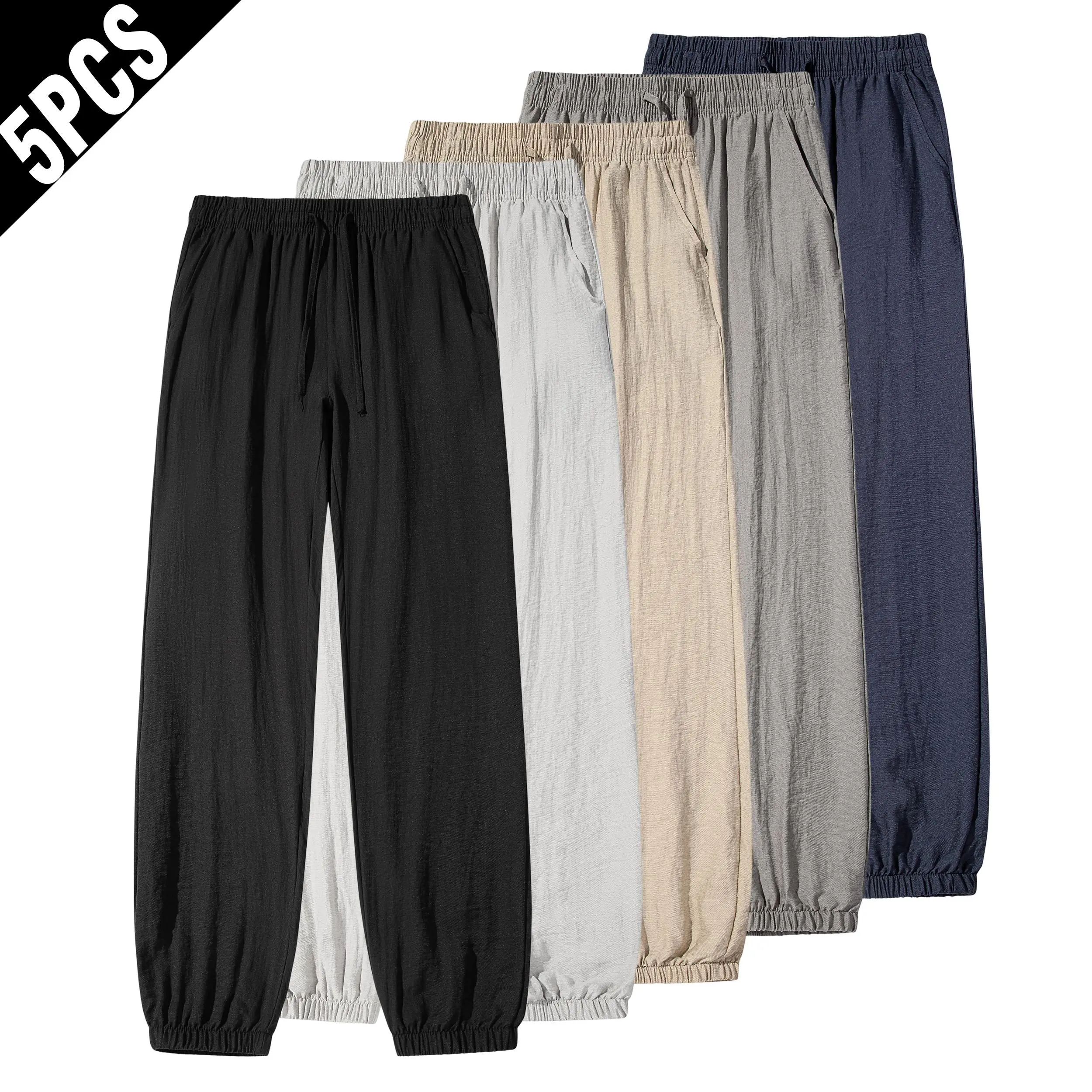Men's 5-Pack Crinkle Linen Jogger Pants, Elastic Drawstring, Cuffed Ankle, Lightweight Breathable Plain Summer Casual Loose Lounge Trousers for Men