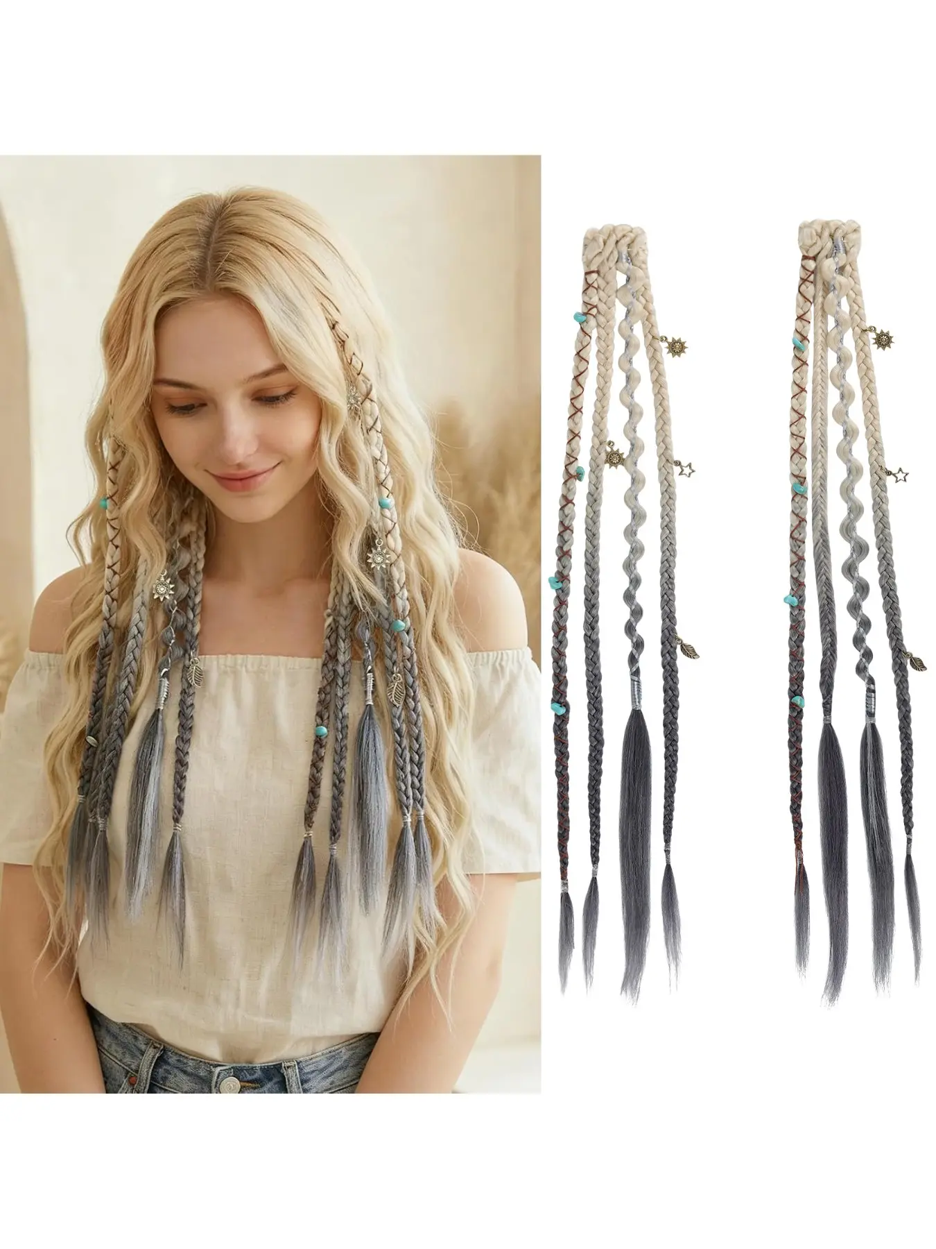 Goddess Boho Braids Clip Ins for Women, Long 16 Inch Faux Braided Hair Extensions with Unique Beads Charms Decoration, Easy Wear Hair Accessories, Trendy Hippie Festival Hairstyle for Party Summer
