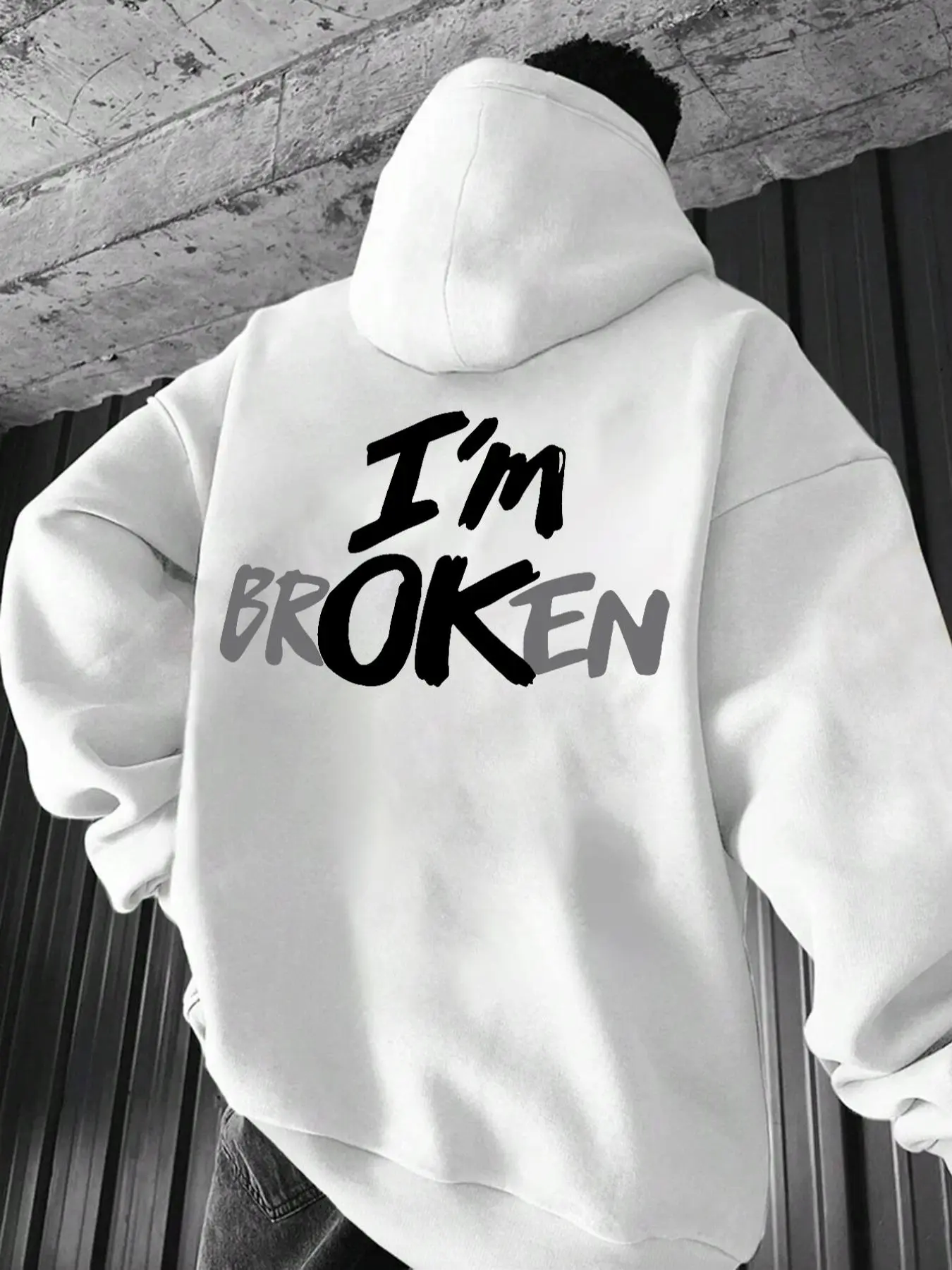 Men's "I'M OK" Letter Print Drop Shoulder Drawstring Hoodie, Street Fashion Regular Fit Pocket Hooded Sweatshirt for Daily Outdoor Wear, Men's Clothes for Spring, Fashion Streetwear Apparel, Casual