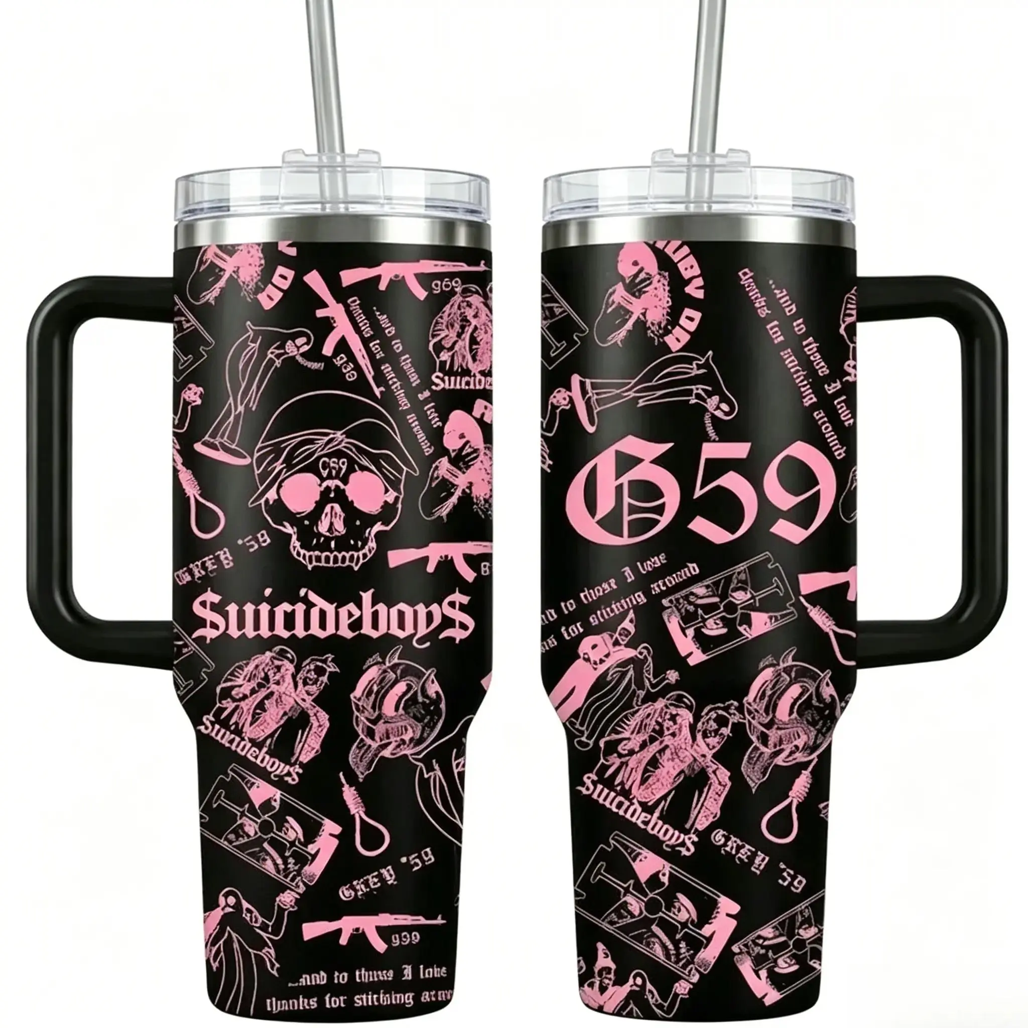 G59 Grey Five Nine Suicideboys 40oz Insulated Tumbler, Multicolor Skull Collage Aesthetic Travel Mug, Dark Trap Goth Underground Rap Style Cup, Premium Stainless Steel Heat Cold Retention Drinkware