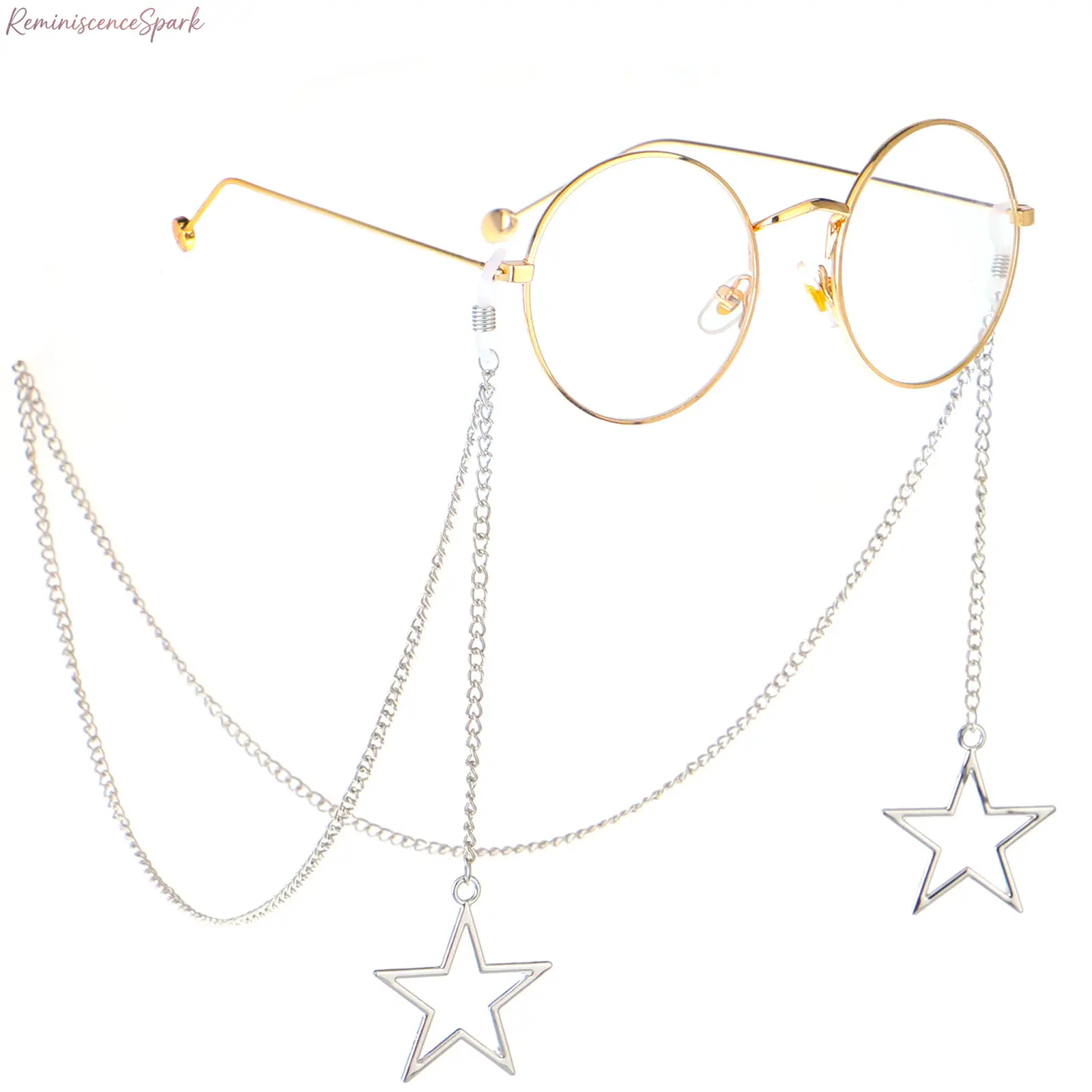 Handmade Metal Eyeglass Chain with Star-Shaped Hollow Pendant - Eyeglass Holders Around Neck, Anti-Slip Layered Lanyard, Dual-Use for Sunglasses & Face Masks, Casual Streetwear Fashion Accessory