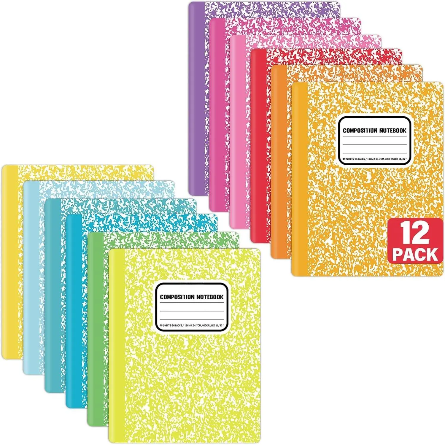 12 Pack Bulk Composition Notebook Wide Ruled, 12 Different  Colors, 96 Pages (48 Sheets), 9-3/4 x 7-1/2" Hard Cover Journal Notebooks for Students,Classroom and Office(Rainbow)