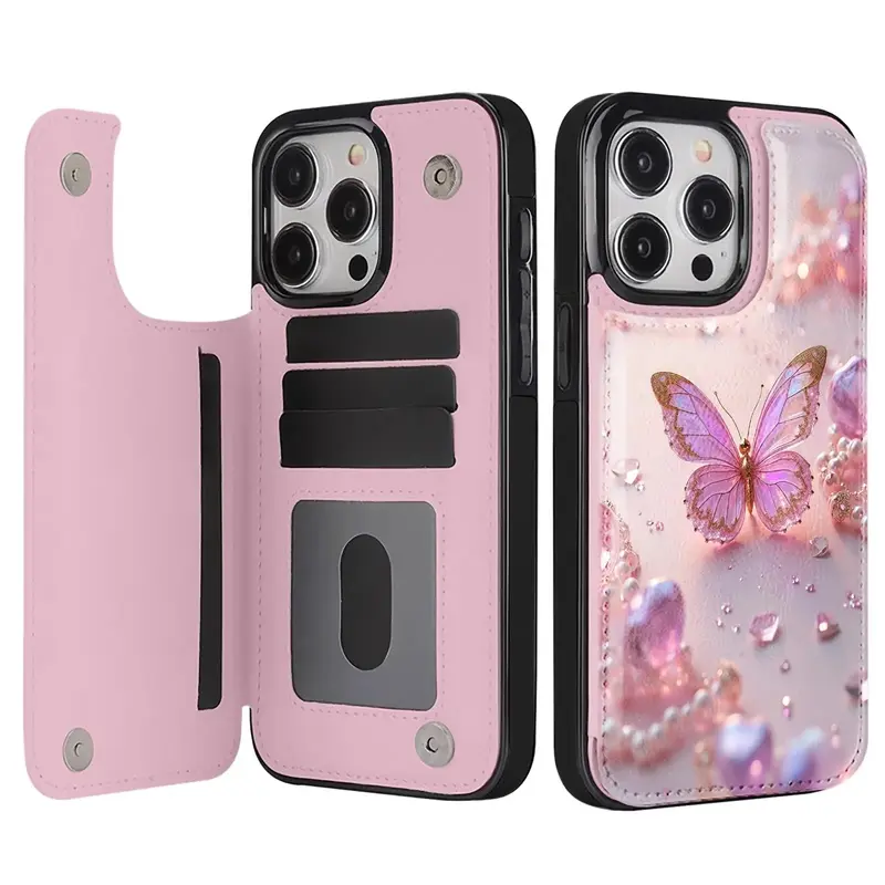 Beautiful Pink Butterfly Jewelry Design Pattern Leather Card Holder Phone Case,for iPhone 17 Pro Max Phone Case 17 Air 16 15 Plus 14 13 12 , sssung Galaxy S25 ULTRA FE Plus S22 S23 FE S24 Plus