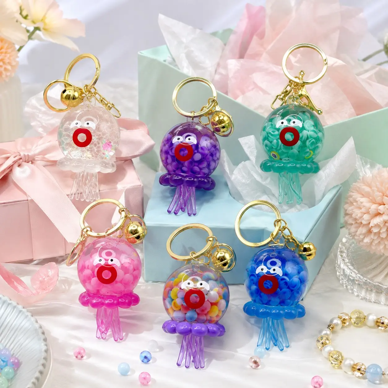 Cute Jellyfish Pendant Keychain, Soft Tentacles, Bright Transparent Charm with Bell, Unique Key Ring Accessory, Gift for Friends, Bag Decor