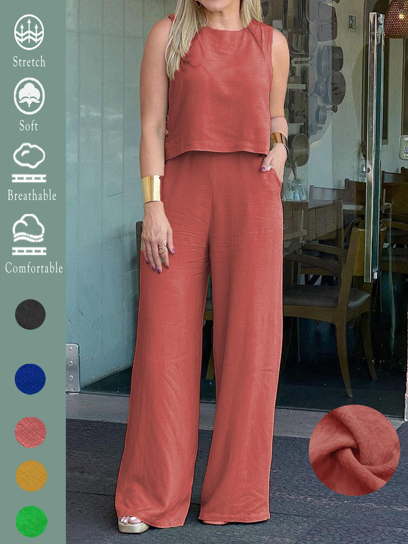Elegant Solid Two-Piece Set, Loose-Fitting Sleeveless Top and Wide-Leg Pants with Pockets, Breathable Comfortable for Summer Travel and All Seasons
