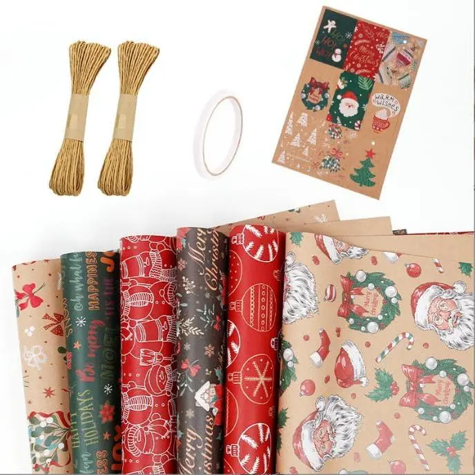 Wrapping Paper Set (6 Sheets, 50x70cm) with Ribbons & Stickers –    Wrap,  &  Holiday Wrapping Paper for Presents, Decor & Crafts (Red-Green-Beig)