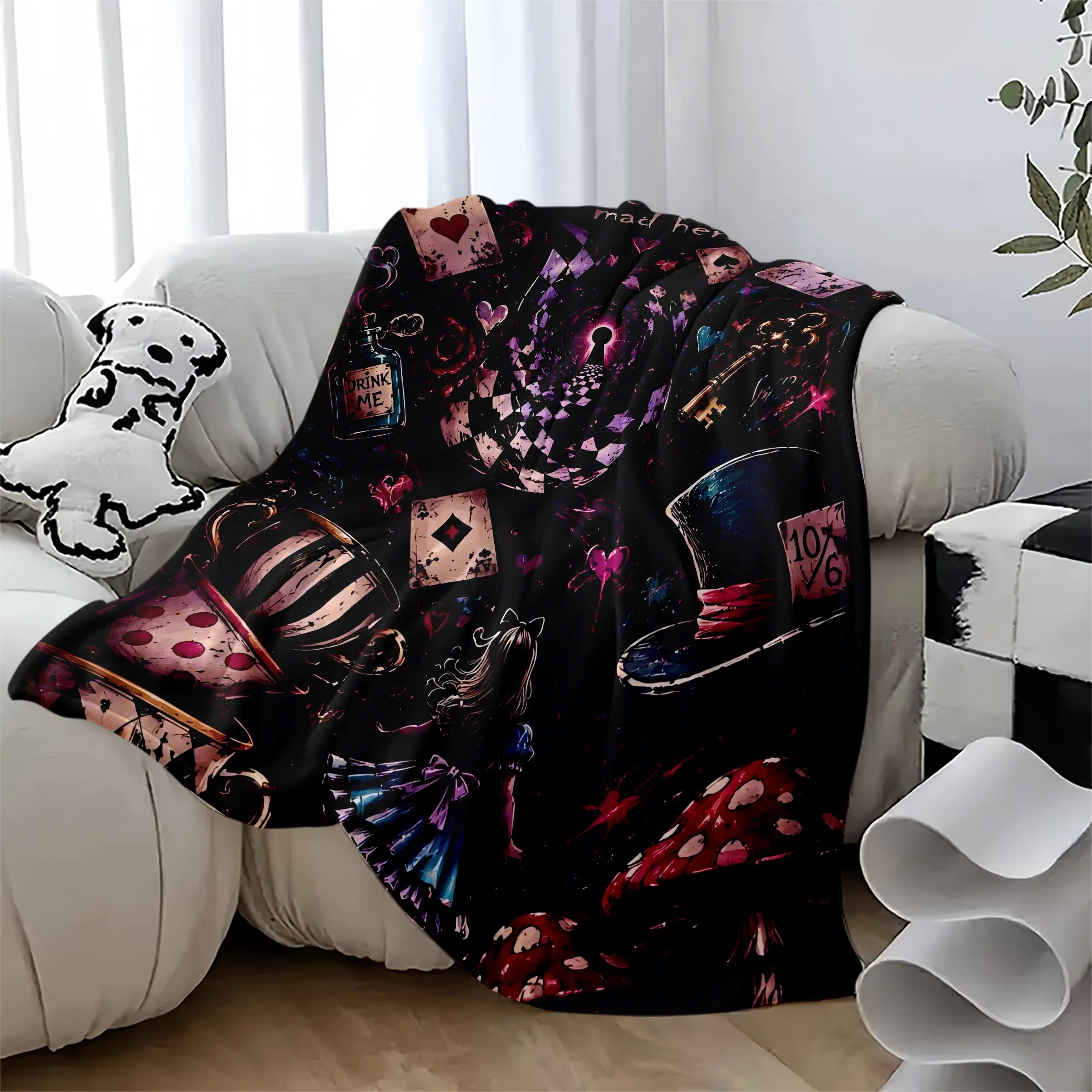 We're All Mad Here Fleece Blanket, Dark Gothic Alice in Wonderland Throw, Cozy Cheshire Cat & Mad Hatter Decor, Unique Gift for Fantasy Fans