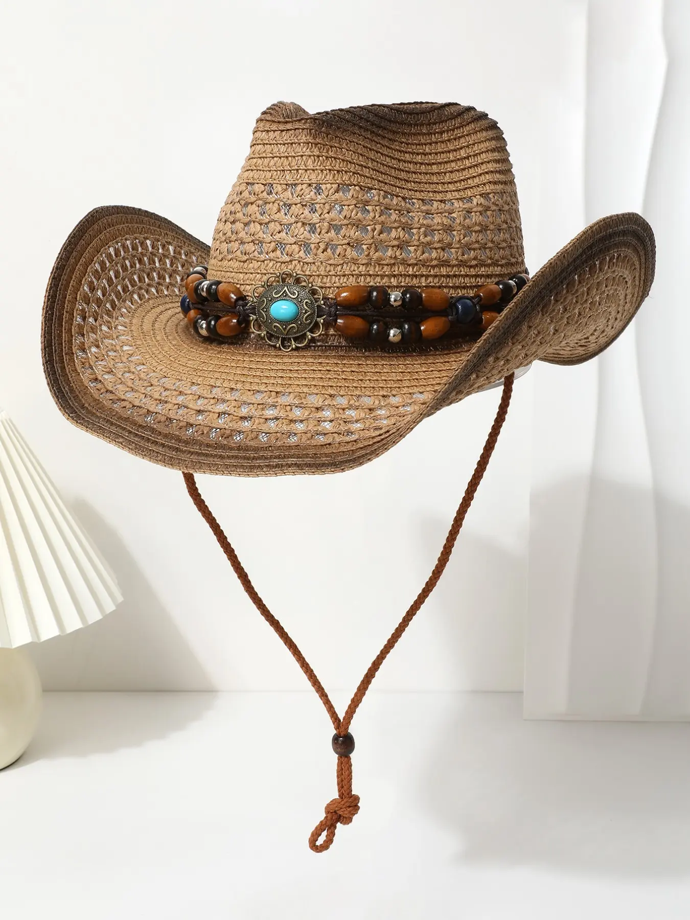 Women's Zircon Wood Bead Decorative Straw Hat, Flat Brim Hat, Gradient Hollow Out Sun Protection Cap with Strap, Fashionable Summer Beach Hat for Men and Women