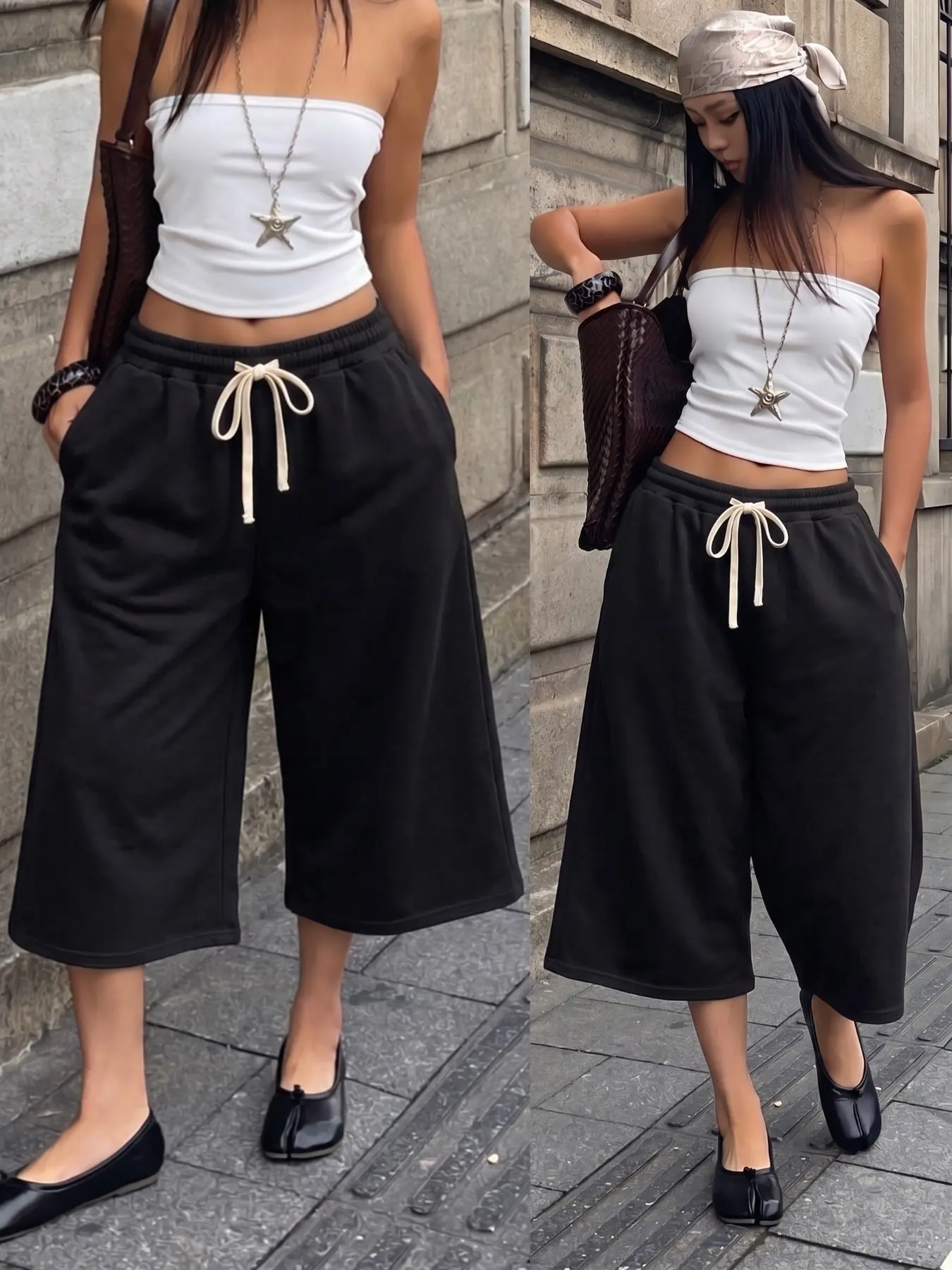 Women Minimalist Casual, Casual Summer Bottoms, Cropped Capri Sweat Pants Solid Black Elastic High Waist Drawstring Loose Wide Leg 7/8 Length Soft French Terry Jogger Trousers Deep Side Pockets Vintage Daily Streetwear Bottoms