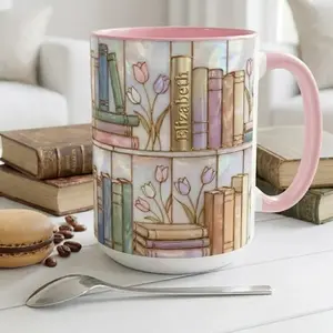 Personalized Stained-Glass Style Floral Bookshelf Mug, Book Lover Gift, 2D Flat Bookish Mug, 11oz Tea Cup, 15oz Coffee Mug