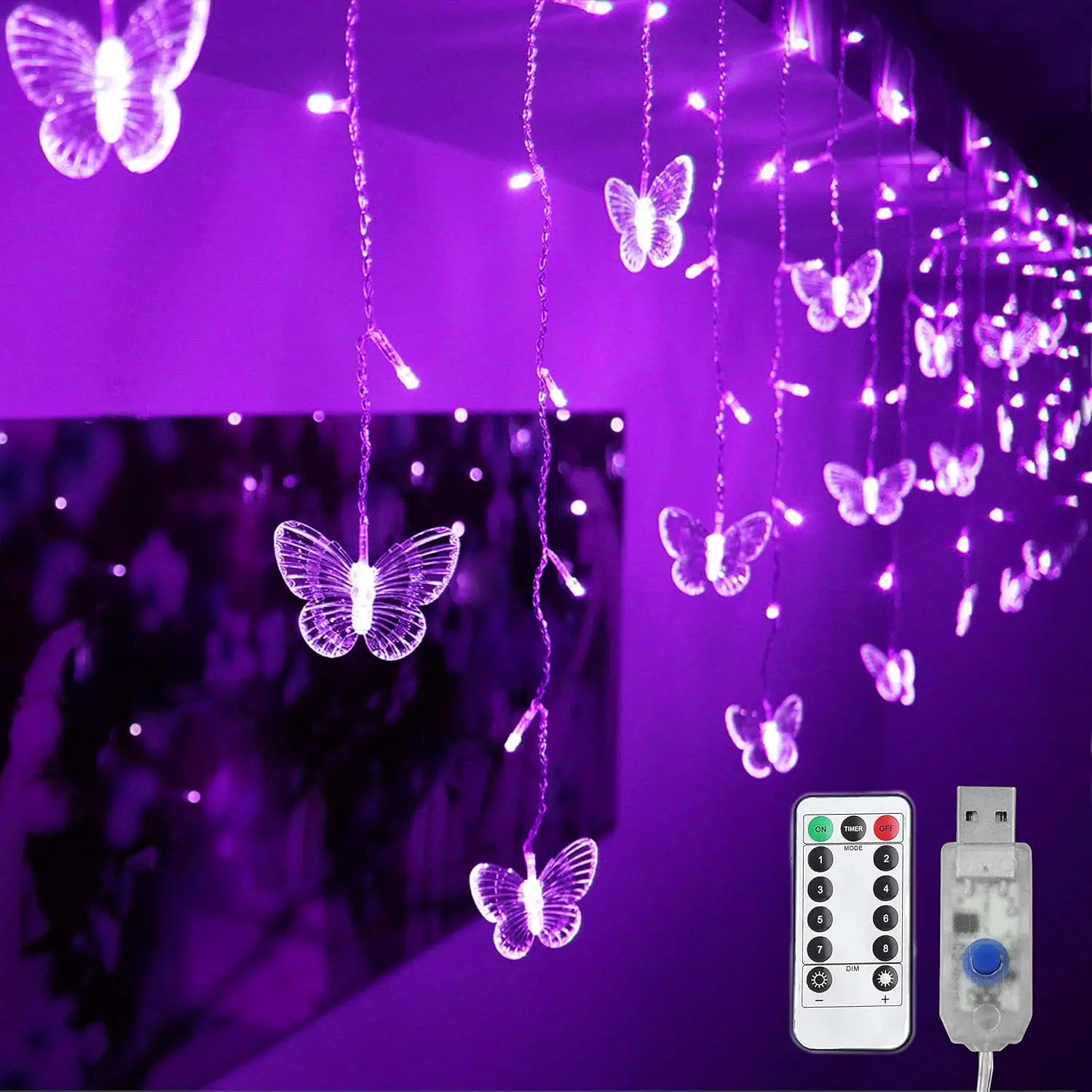 Butterfly Curtain Lights, 4.9ft 48 LED USB Window Fairy Lights 10 Butterflies 8 Modes Firefly Twinkle Timer String Lights with Remote for Room Bedroom Wall Ceiling Party Wedding Christmas