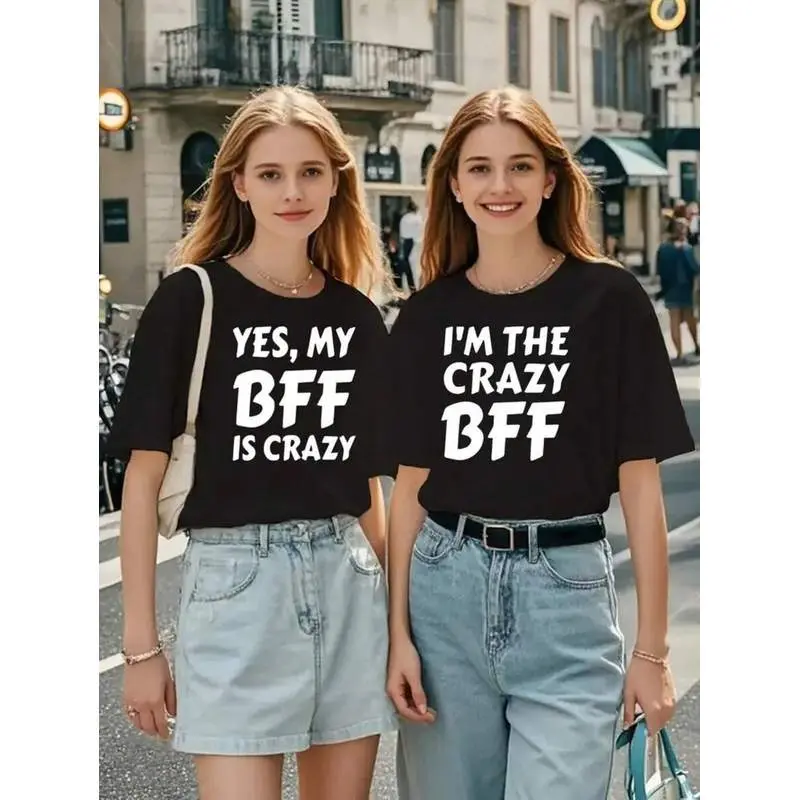 Funny BFF Matching T-Shirts - Funny "Yes, My BFF Is Crazy" Print,Machine Washable, Round Neck Short Sleeve Tops For Women, Perfect Gift For Best Friends, Casual Summer Outfits, Bff T Shirts, Playful Design, Comfortable Fit, Best Friend Appare