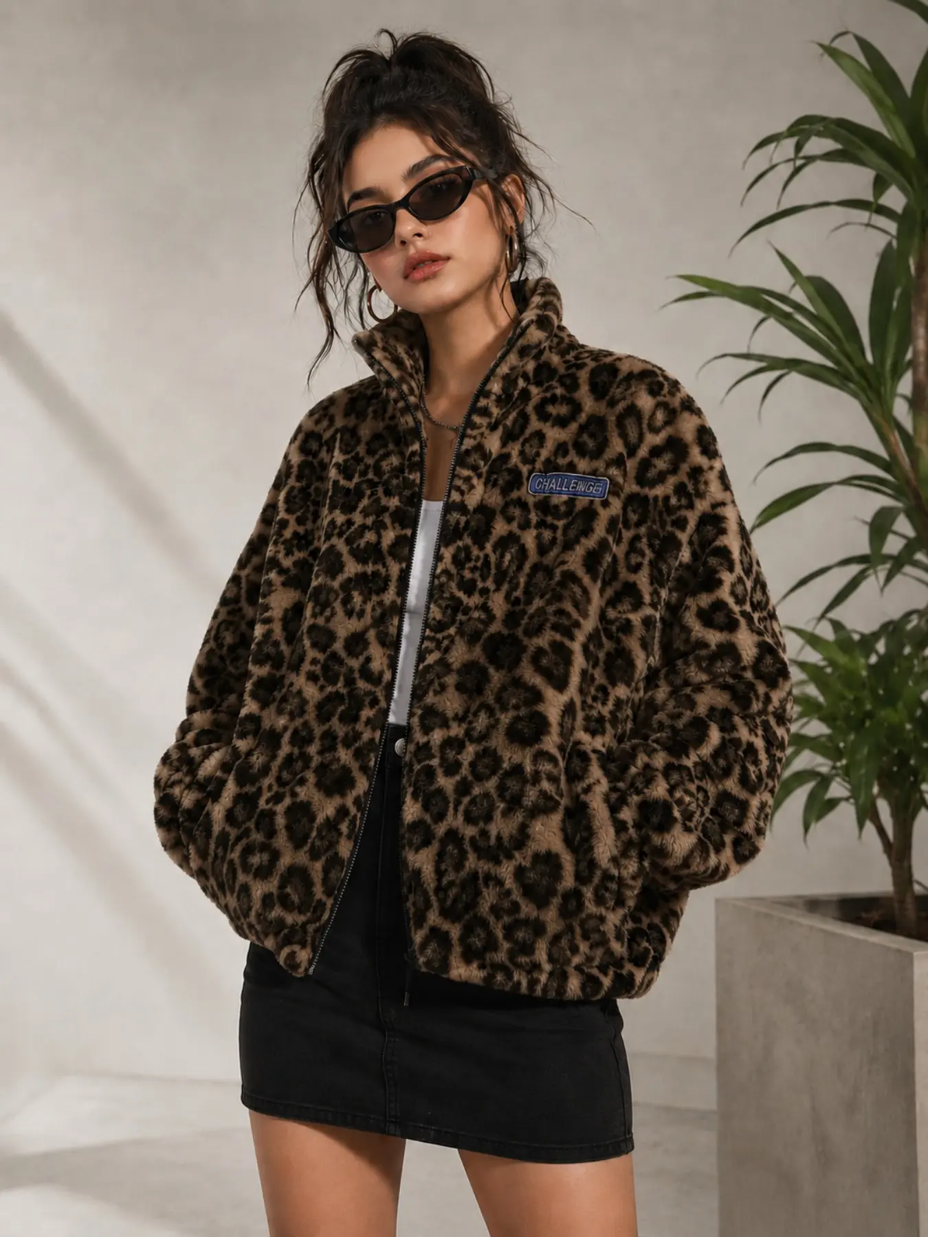 Leopard Print Fleece Jacket for Women, Zip Up Cropped Teddy Coat, Soft Plush Sherpa Winter Coat, Streetwear Fashion