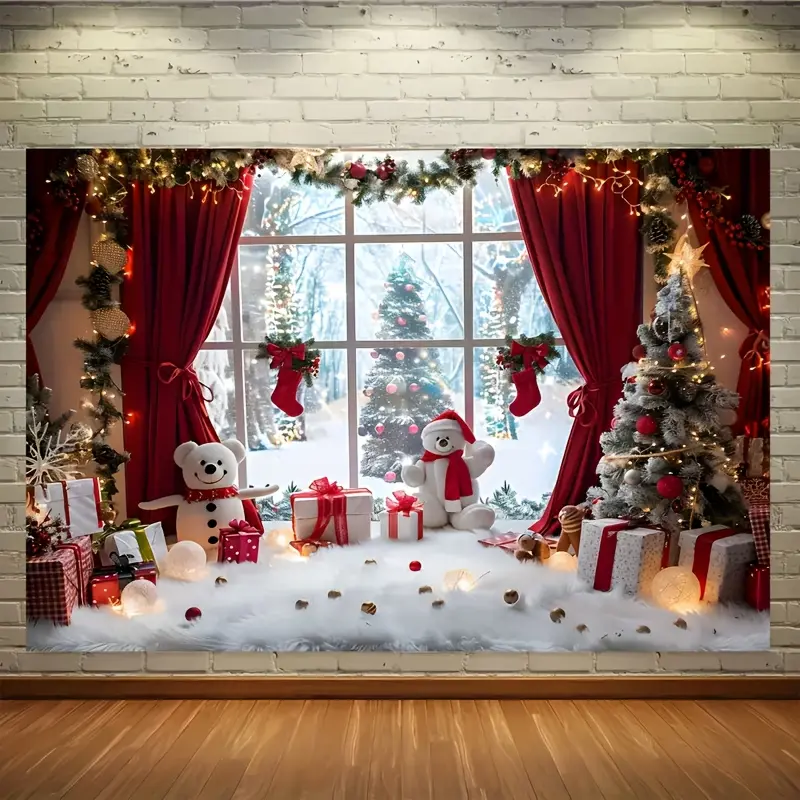 1Pcs Winter Wonderland Christmas Photography Backdrop, Vibrant Village Window Scene with Snowman Trees Gifts, Perfect for Holiday Parties Home Decor Studio Props
