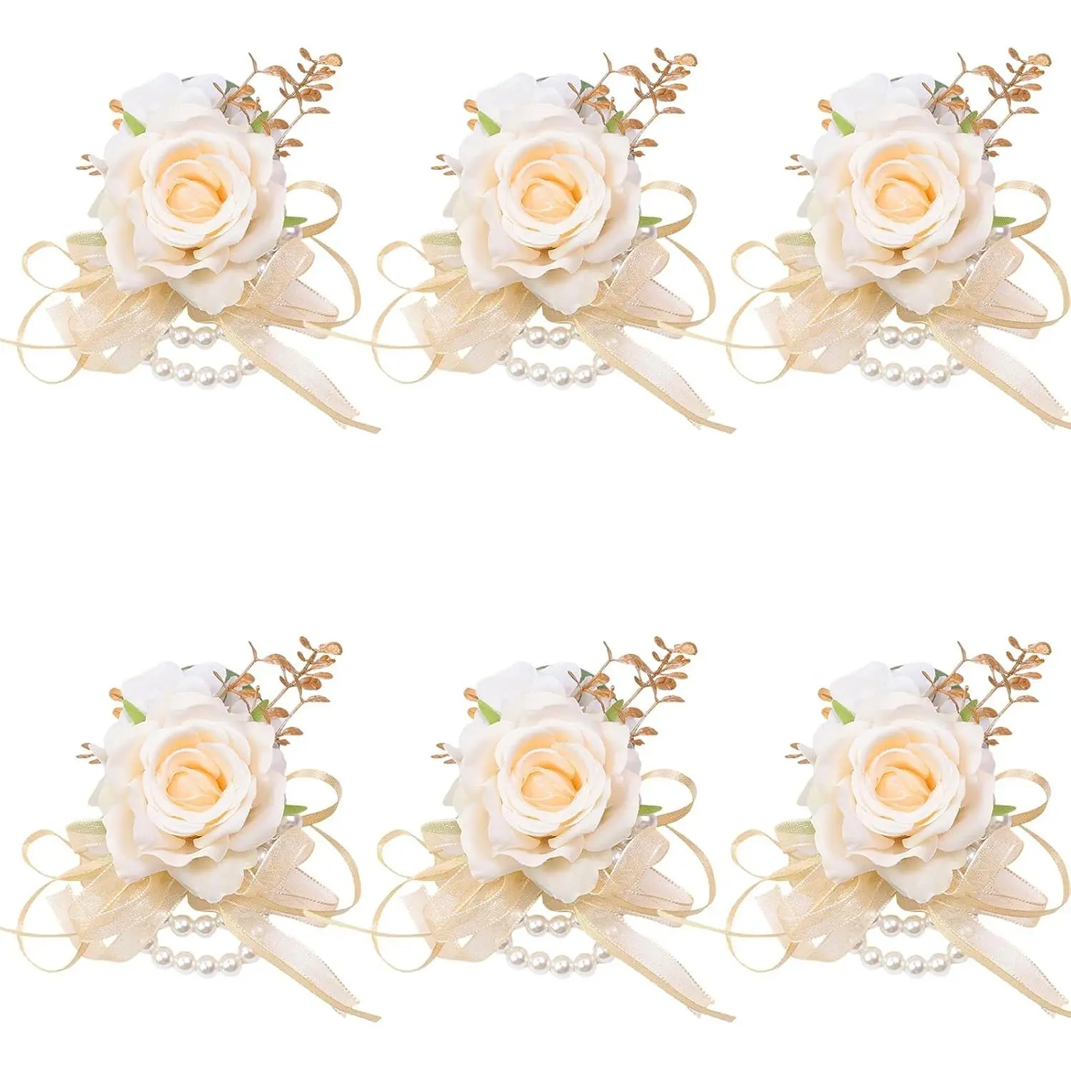 6-Piece Rustic Chic Wrist Corsages Set - Handmade by Florists, Elegant Champagne Artificial Roses, Faux Pearl Bands, Eucalyptus & Hydrangea Floral Accents for Bridesmaids, Wedding Events