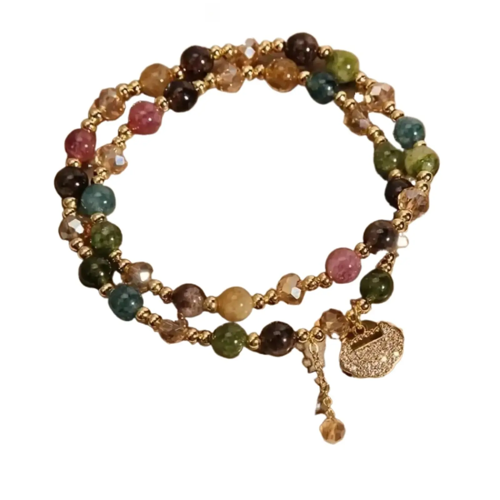 Women's Double Layer Natural Rainbow Tourmaline Round Bead Bracelet with Lock Charm & Crystal Drops, Bohemian Yoga Jewelry for Daily Wear & Birthday Gift, Auspicious Sports & Outdoor Accessory, 2026 Summerwins Rainbow Hues Natural Stones