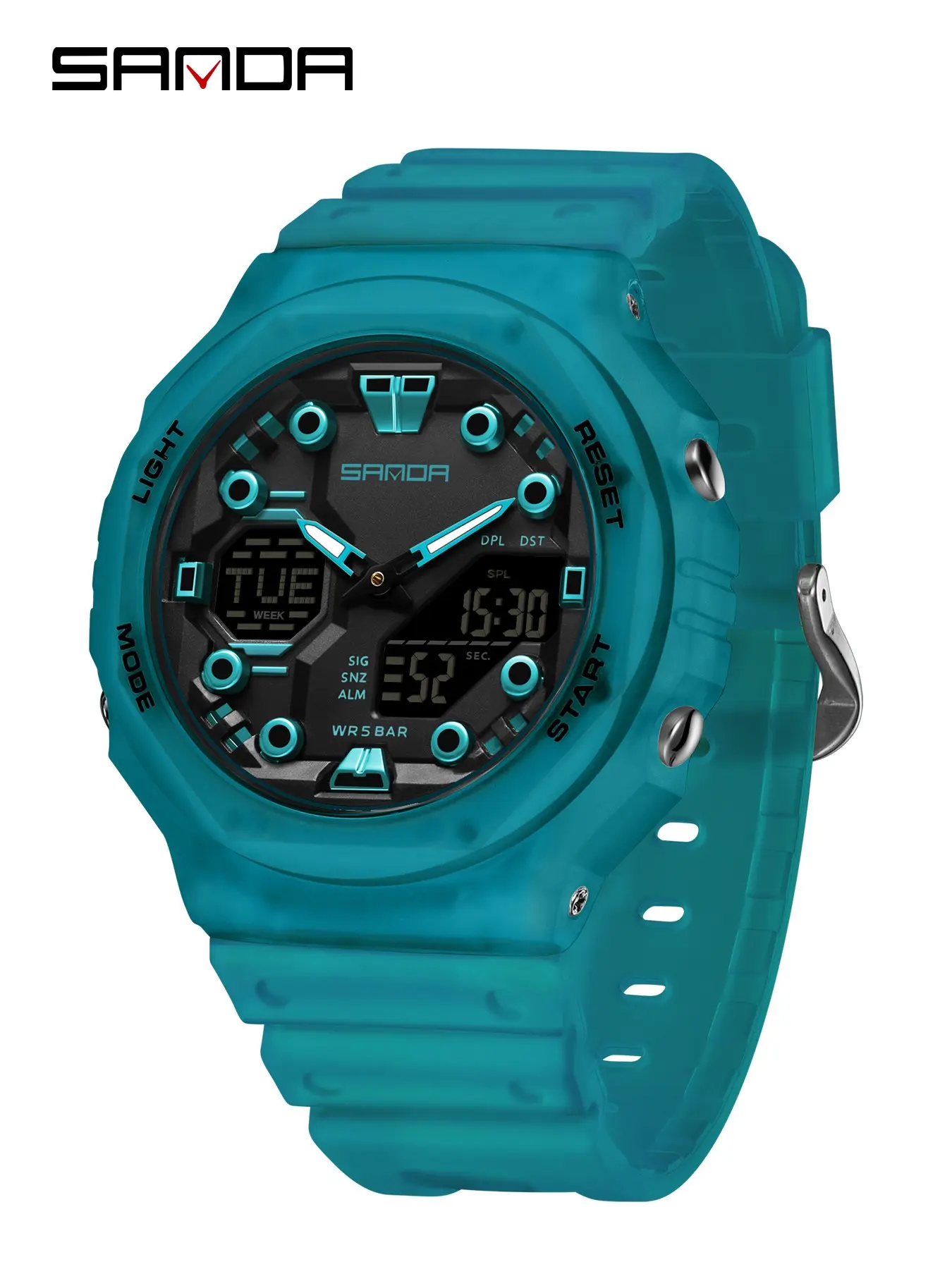 Sanda Dual Display Digital Watch, Multifunctional World Time, Waterproof, Dst Countdown, 4 Alarms, Hourly Chime, Stopwatch, Week Date