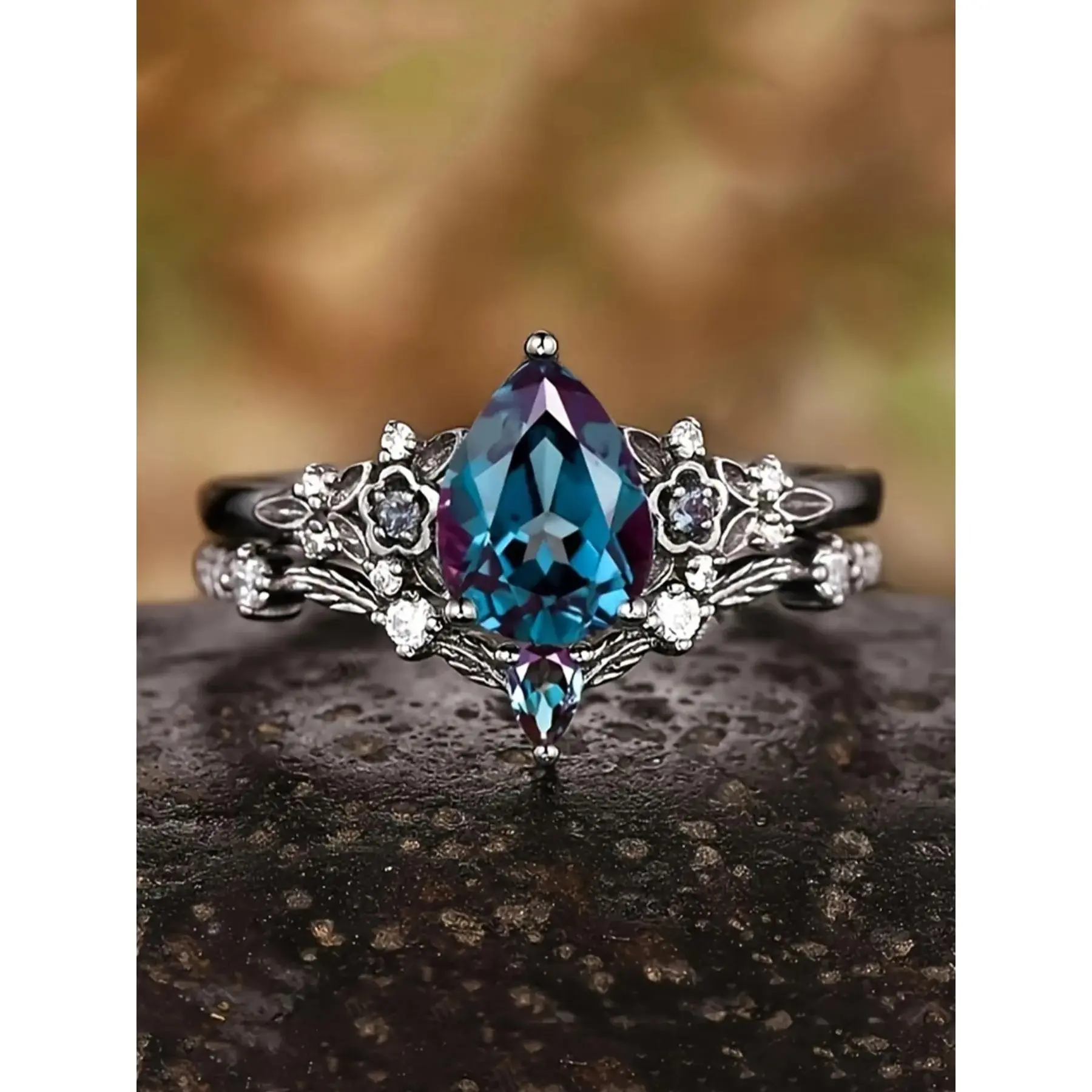 Water Drop Colorful Edge Flower Imitation Zircon Ring Set, Artificial Gemstone Ring, Wedding Couple Anniversary Jewelry, Two Piece Set, Beautiful Rings, Matching Rings