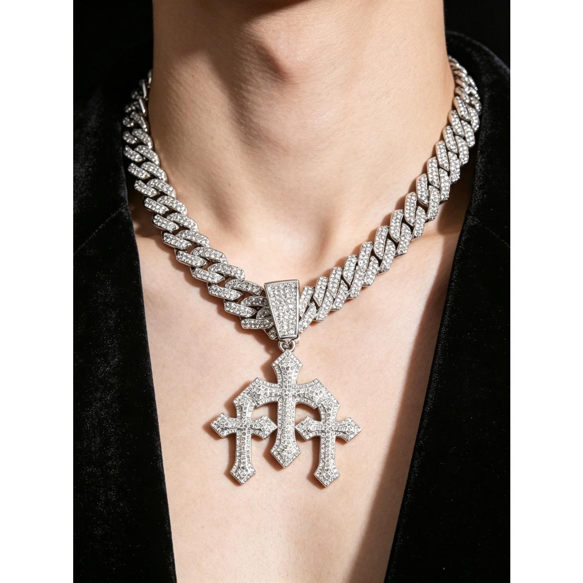 New Men's Iced Out Moissanite Stacked Crosses Pendant Necklace, Hip Hop Jewelry with Exaggeration 14mm Cuban Chain Rhinestone Gift, Luxury Trend