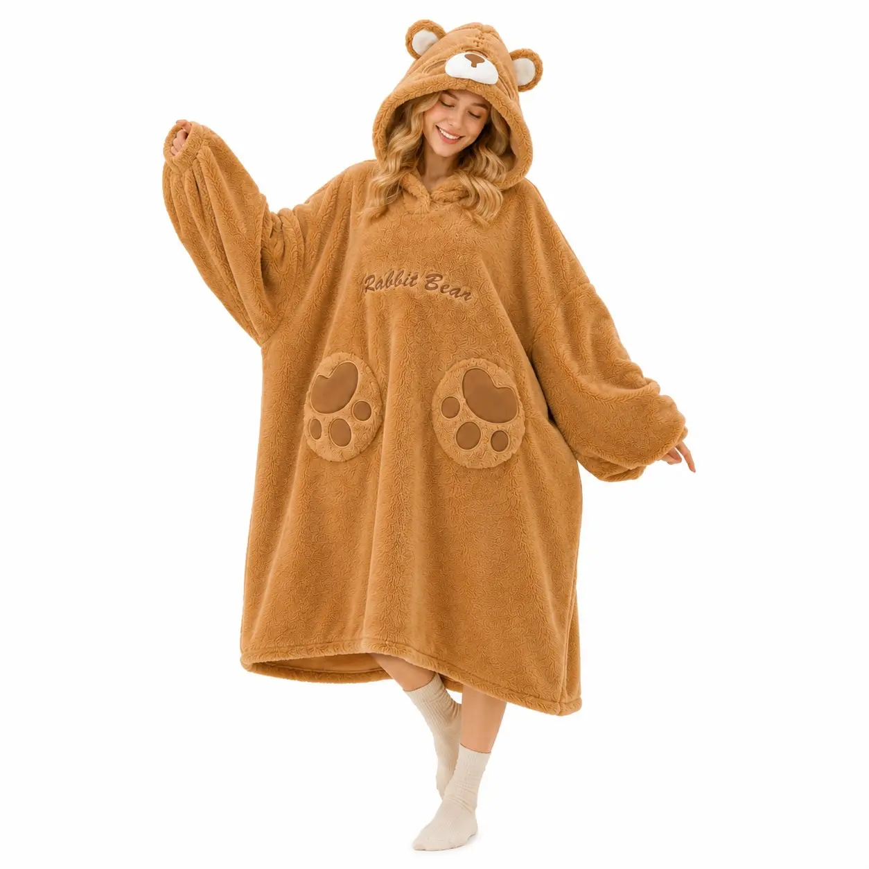 Cute Bear Hooded Wearable Blanket Sleeper, Soft Sherpa Long Hoodie, Paw Pockets, Cozy Warm Loungewear for Autumn Winter