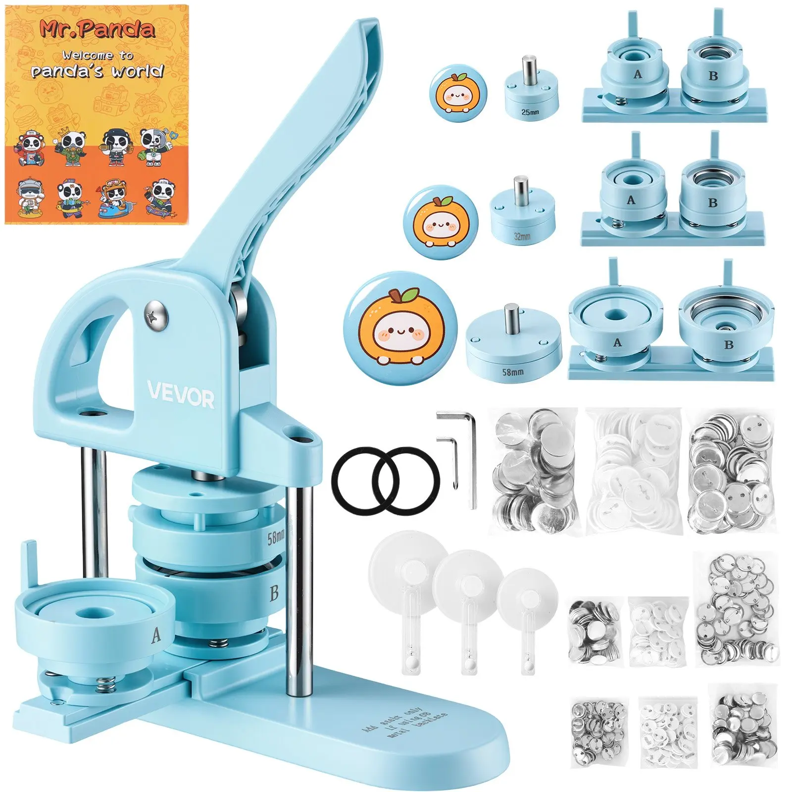 VEVOR Multi-Size Button Maker Machine - 1"/1.25"/2.25" (25/32/58 mm) Blue Handmade Crafts DIY Kit with 300 Parts, Round Circle Cutter, Magic Book, Ergonomic Handle for Badges, Fridge Magnets