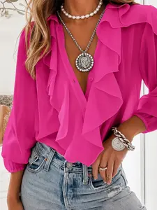 Ready-To-Wear 2026 European and American Women's Clothing, V-Neck Long Sleeve Ruffle Blouse Top, Casual Stylish and Comfortable Design