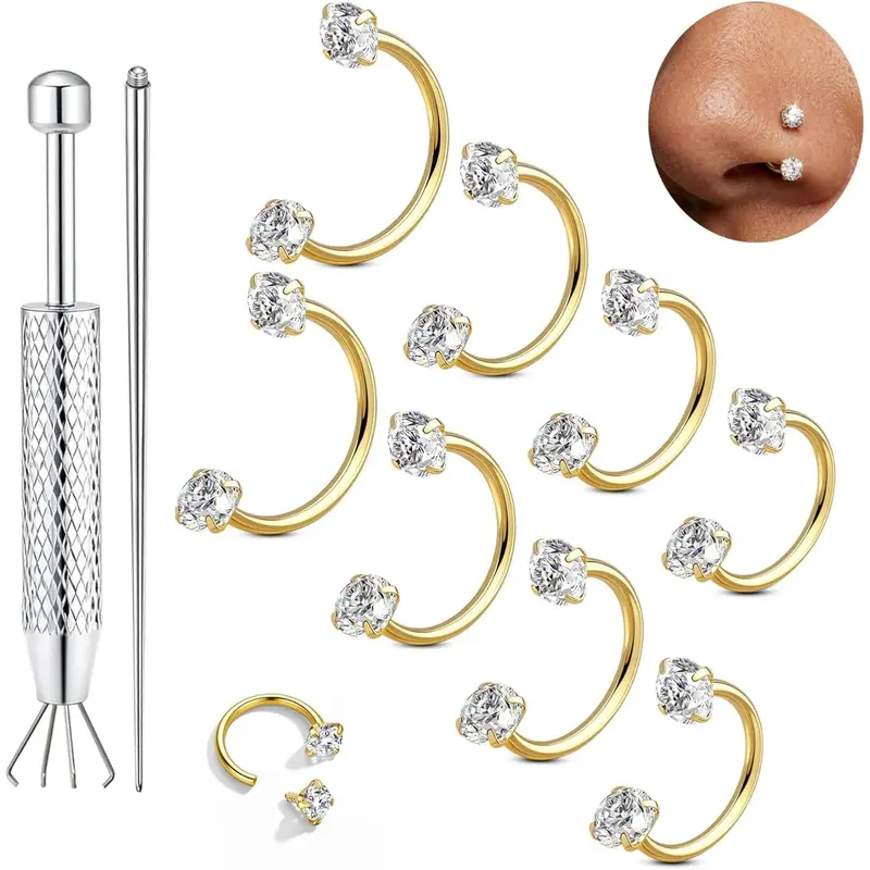 Unisex 8Pcs Hypoallergenic Internally Threaded Surgical Steel Multiple Piercing Jewelry - 16G-20G Geometric Horseshoe Hoops, 7/8/10/12mm for Septum Piercings, Gold/Silver/Black Casual Set with Double CZ Gem Design