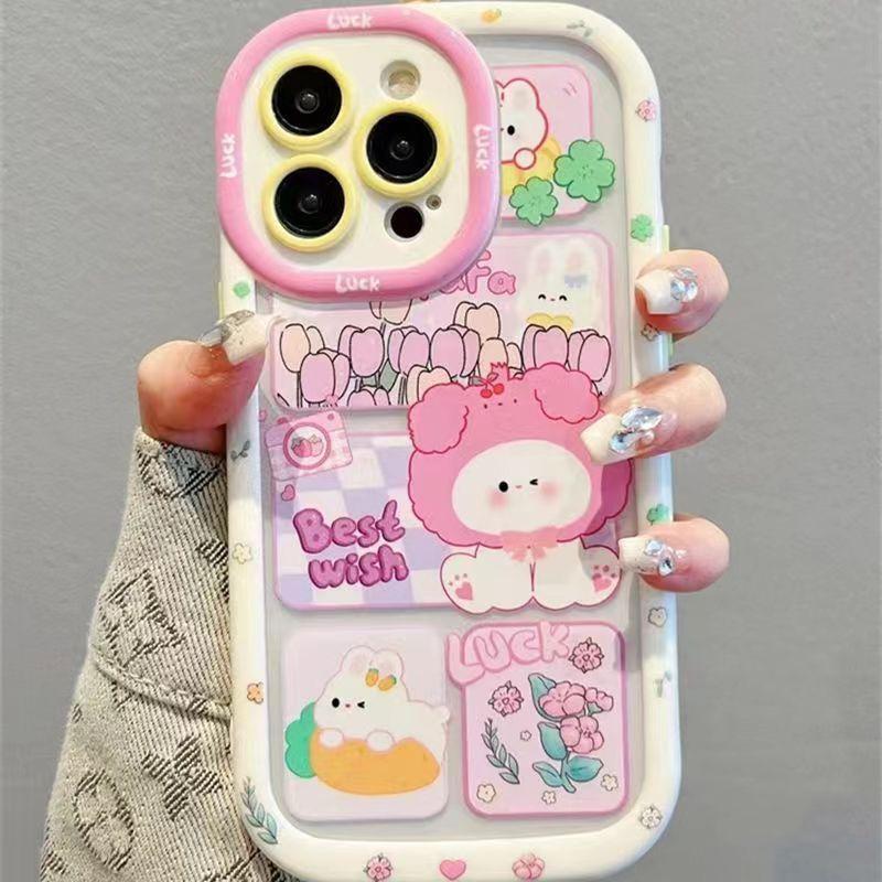 Cream Shell Phone Case with Back Clip for iPhone 16 iPhone 15 Women's 13/12 Pro Max Niche XS New Model Cute Design with Flowers & Characters