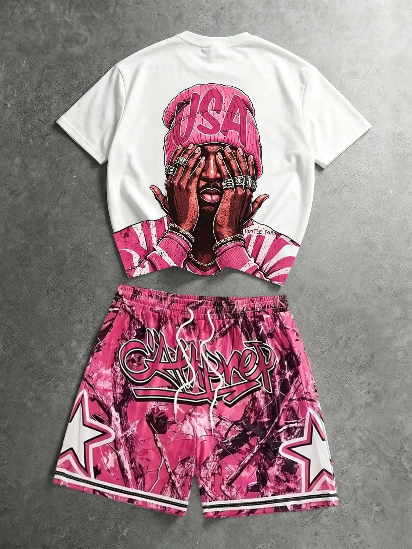 American Streetwear Fashion Hip-Hop Portrait Print Set, T-Shirt + Camo Graffiti Shorts, Loose Drop Shoulder, Trendy Casual