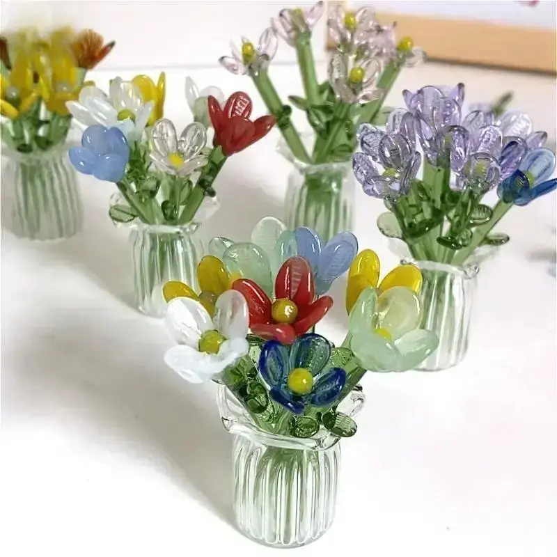 1 Set (7 Flowers+1 Vase) Glass Simulation Flower Decoration Ornaments, Handcrafted Mini Glass Flowers, DIY Flower Arrangement Bouquets, Faux Flowers, Artificial Mixed Flower, Decorative Flowers Bouquet, Suitable for Gifting, Event Decorations