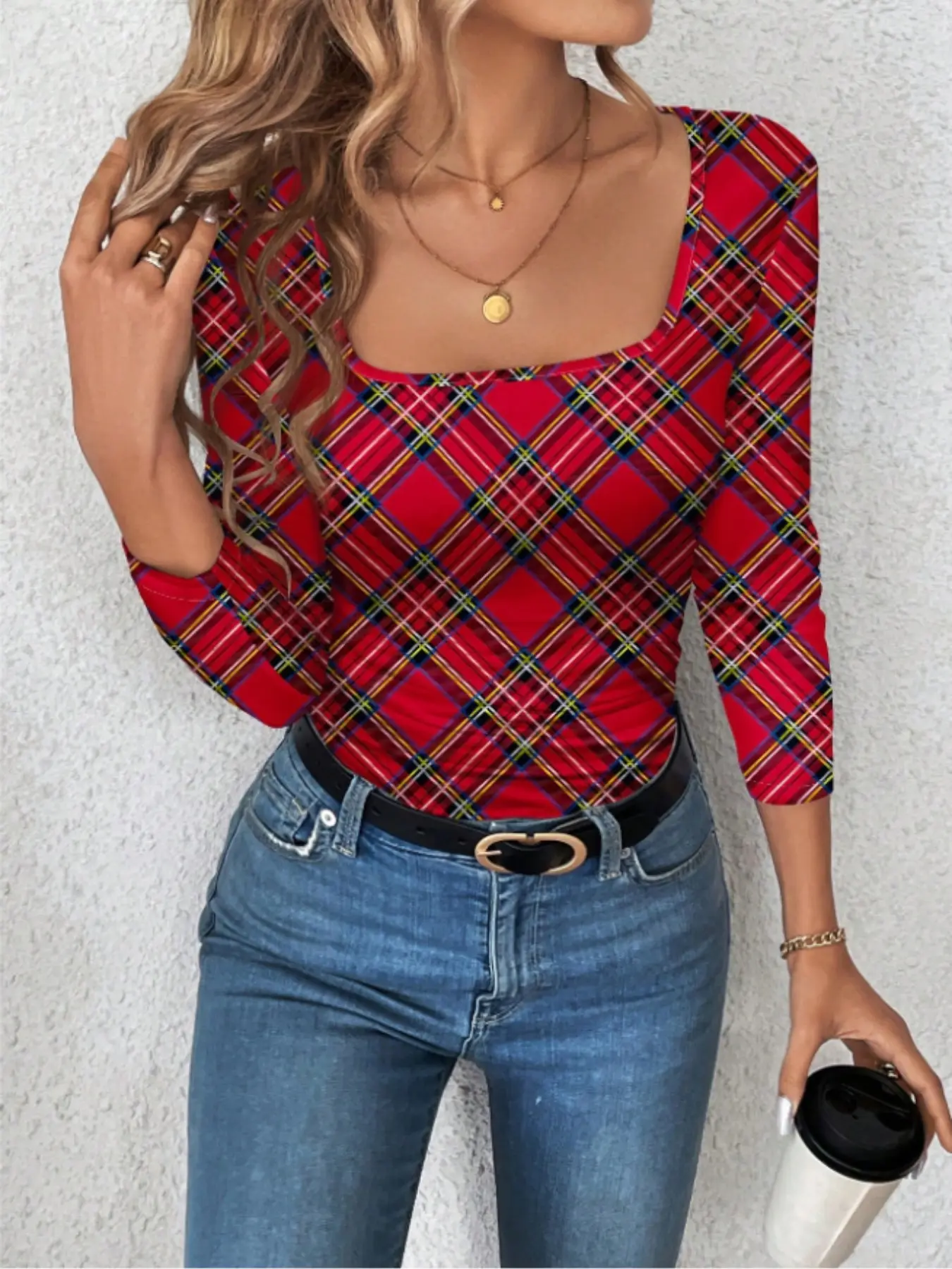 Vintage Plaid Square Neck Seven-Quarter Sleeve Top, Slim Fit Stretchy Crop Tee, Casual All-Season Women's Fashion Innerwear