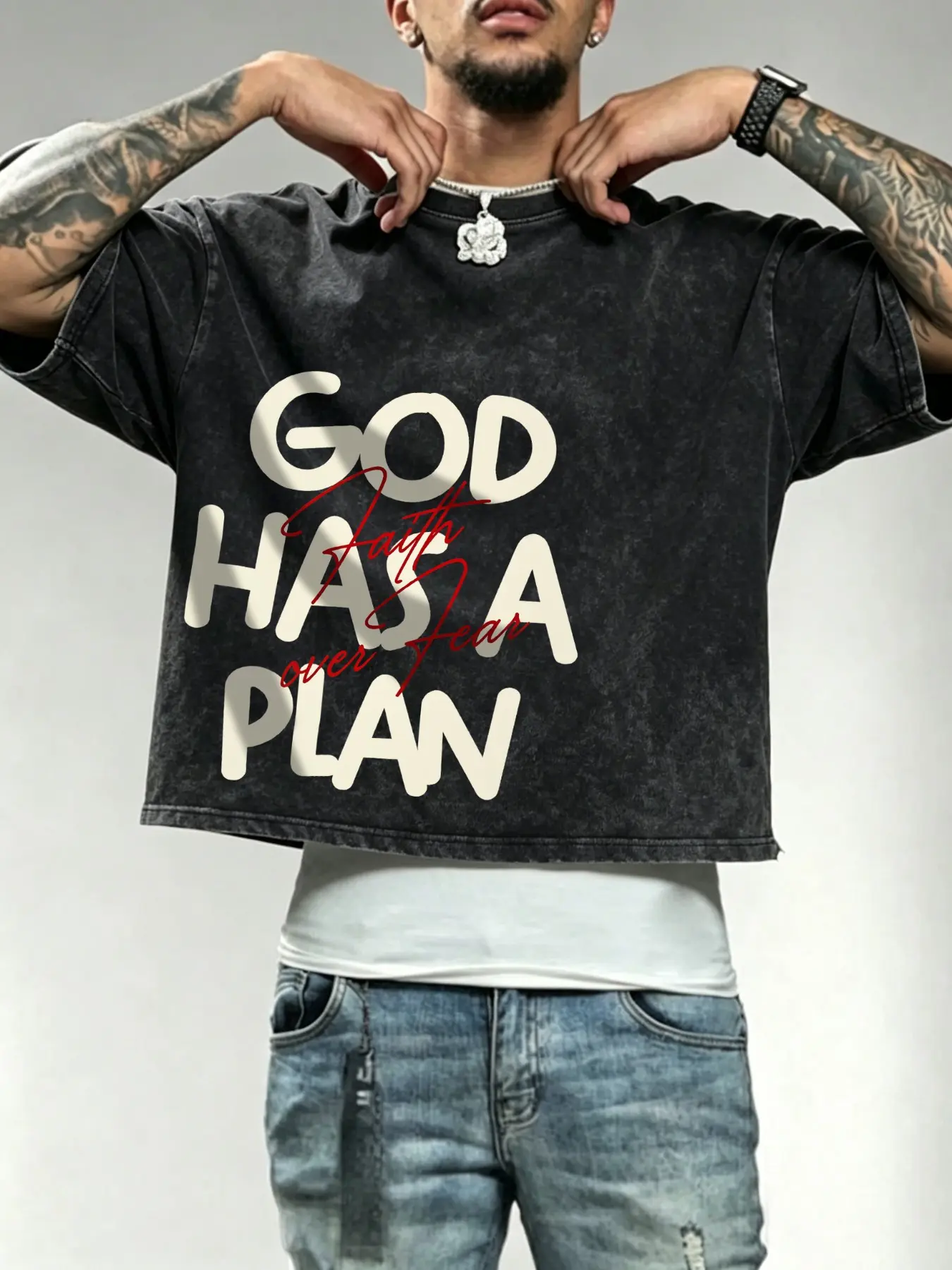 Men's washed, distressed cotton T-shirt featuring a short, loose, boxy, cropped fit and heavyweight cotton fabric; designed with a minimalist slogan graphic—perfect for casual daily wear, commuting, or street-style looks.
