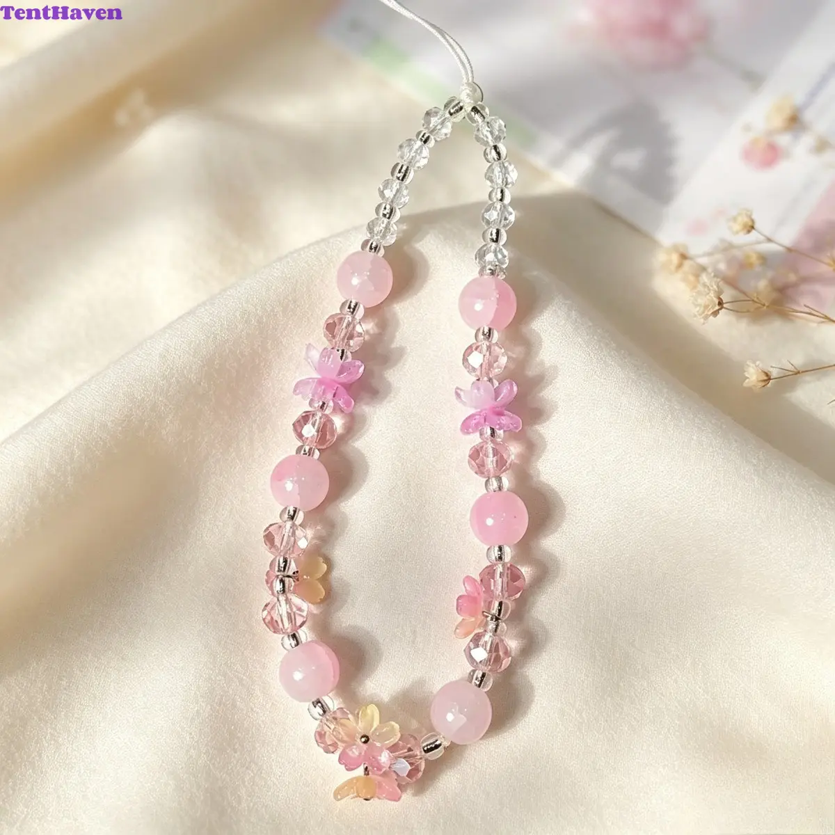 Phone Charms – Beaded Wrist Lanyards, Cute Bag Chain Accessories, 5 Pack Pastel Floral Acrylic Bead Phone Strap With Pearl Accents, Universal Detachable Chain for Portable Devices, Multi Color Lightweight Smooth Beads, Compatible for Phone Cases, Keychain