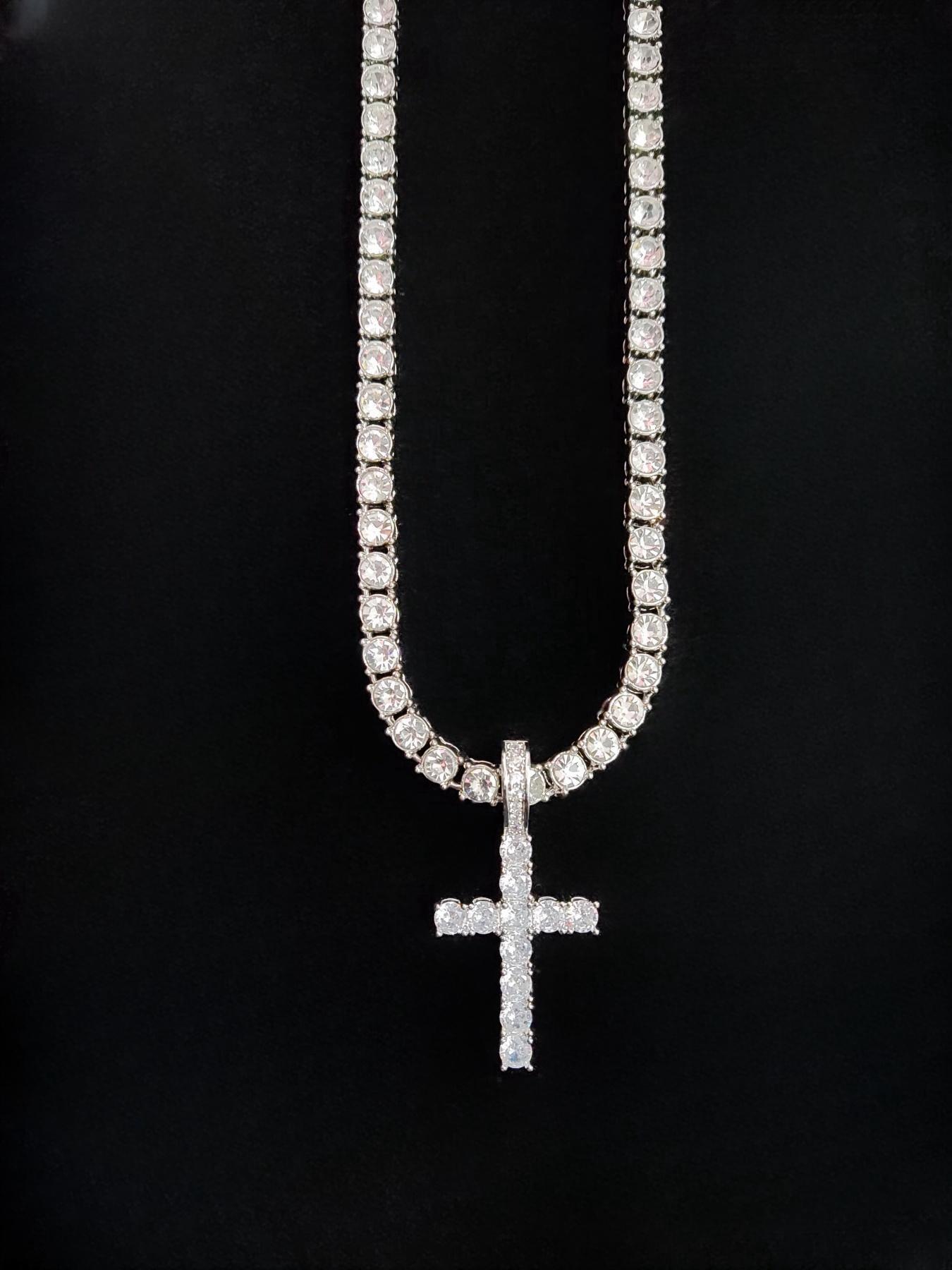 Artificial Zircon Cross Pendant 5mm Tennis Chain Necklace, Cuban Cross Necklace, Punk Style Necklace for Party, Daily Clothing Decor, Trendy All-match & Exquisite Jewelry for Birthday Gift